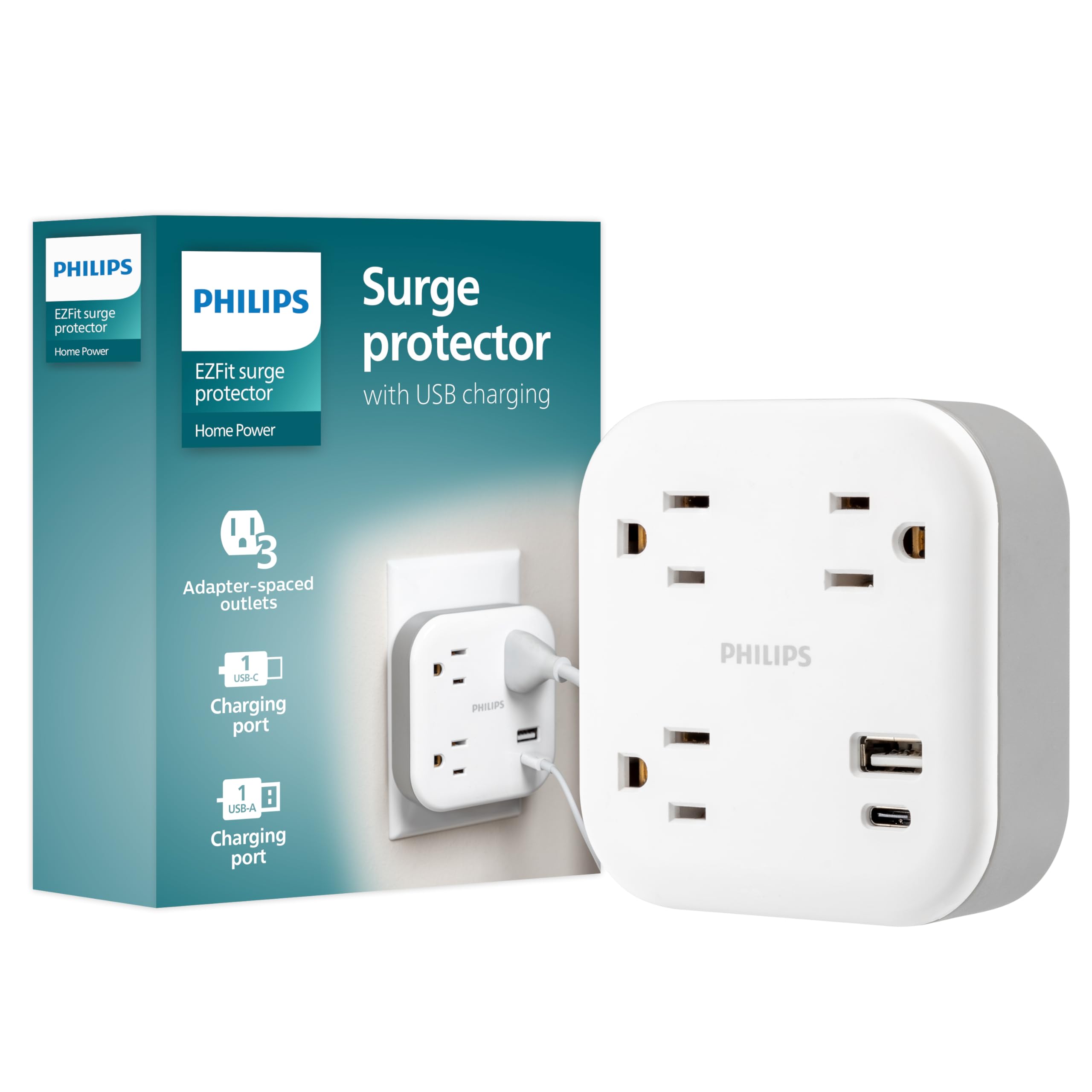 Philips 3 Outlet Surge Outlet Extender With Usb, 1 Usb A, 1 Usb C, 12W, 980J, White   Spp9393W/37