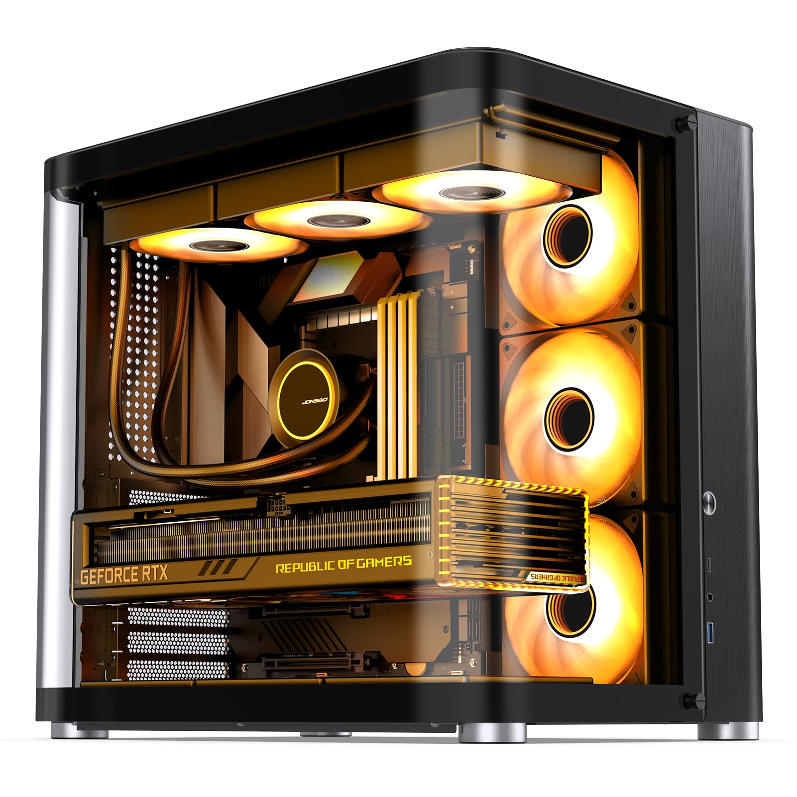 Jonsbo Tk 2 Black Atx Mid Tower Pc Case,Hyperboloid Glass Design, Separated Cabinet Structure, Al Alloy Shell Desktop Computer C