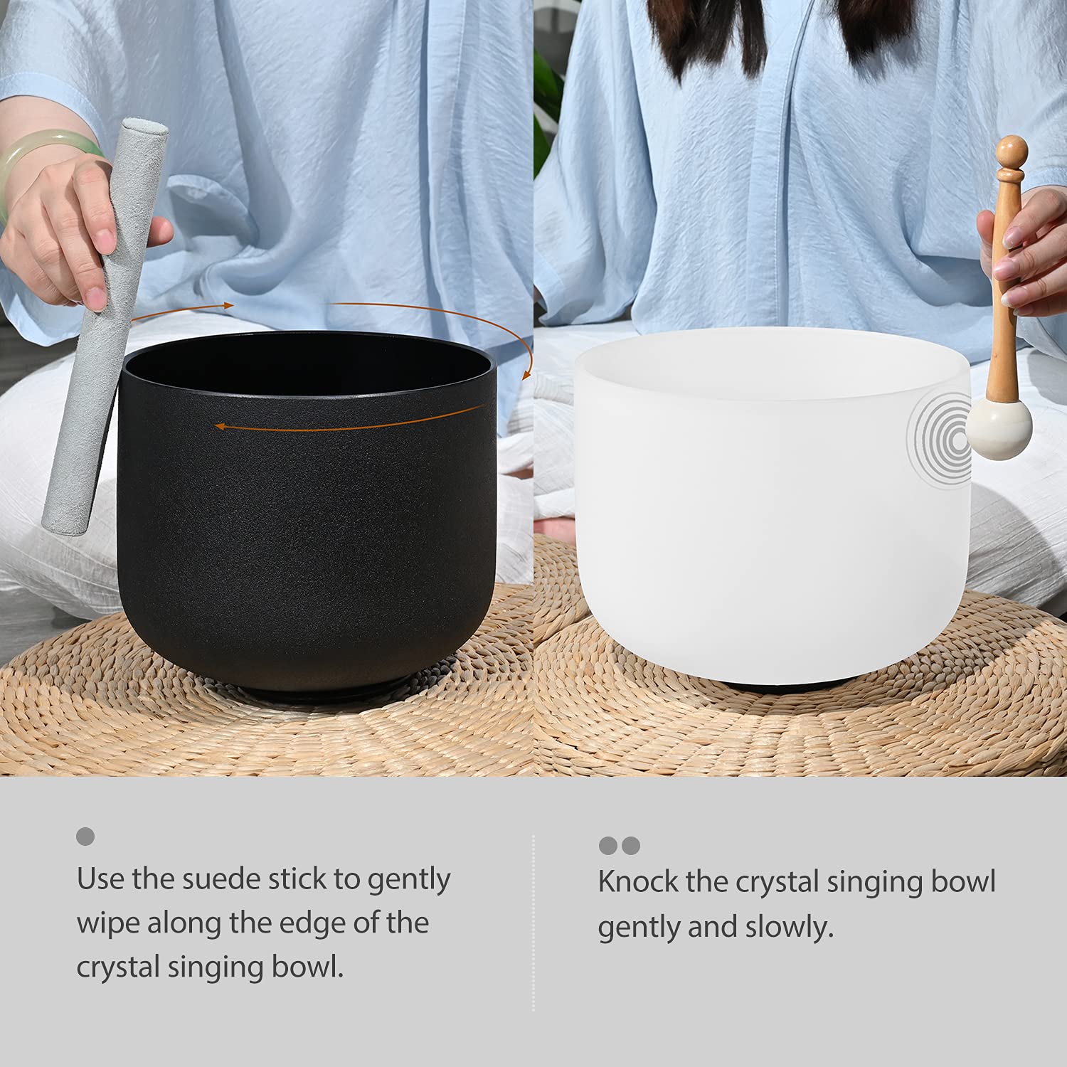 Couple Of 2 Pcs Yin And Yang Crystal Singing Bowl Set 8 Inch Black And 10 Inch White Mutual Attraction Bowls