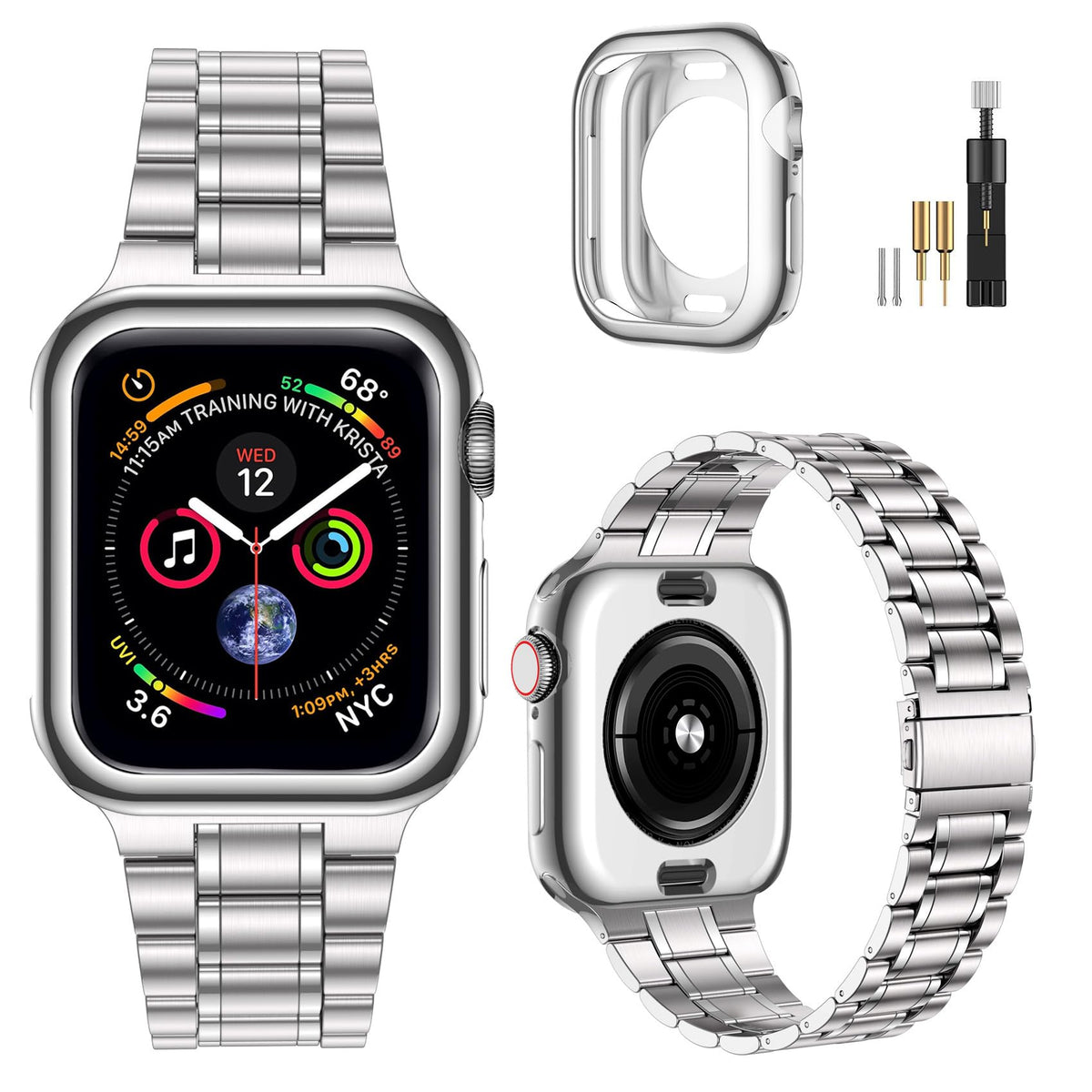Miohhr Solid Stainless Steel Band Compatible With Apple Watch 46Mm (Series 10), Metal Strap With Soft Tpu Case For Iwatch Series