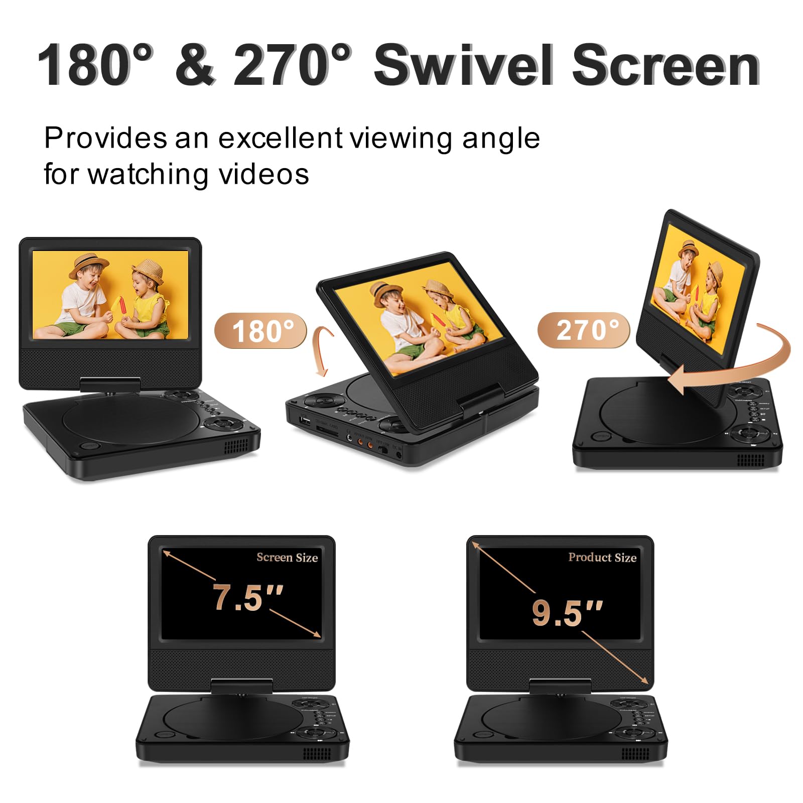 9.5'' Portable Dvd Player With 7.5'' Swivel Display Screen, 5 Hour Built In Rechargeable Battery, Car Dvd Player For Kids And Ca