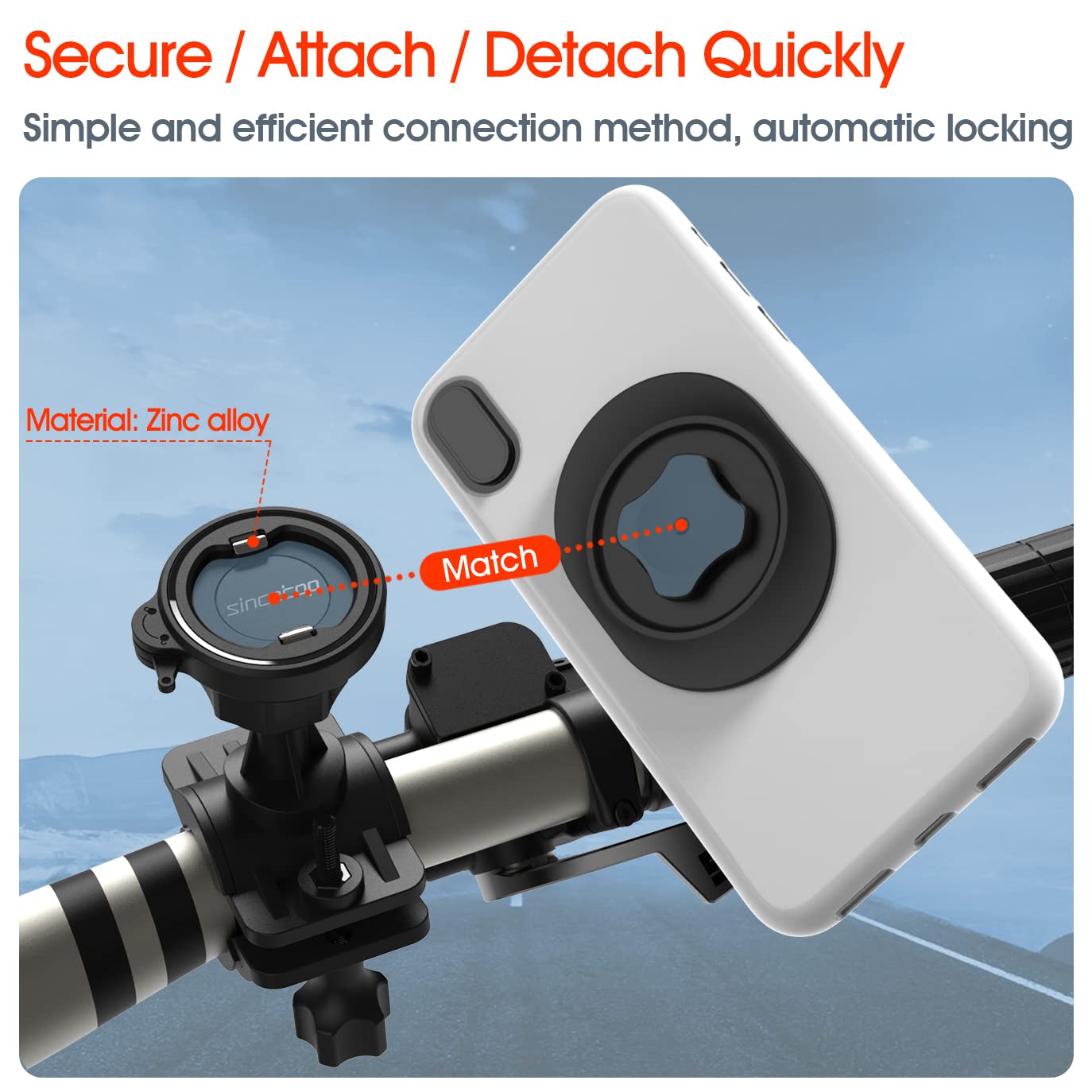 Sincetop Bike Phone Mount,Motorcycle Phone Holder With Universal Adapter,Detachable Adjustable 360 Rotation Handlebar Clamp Comp