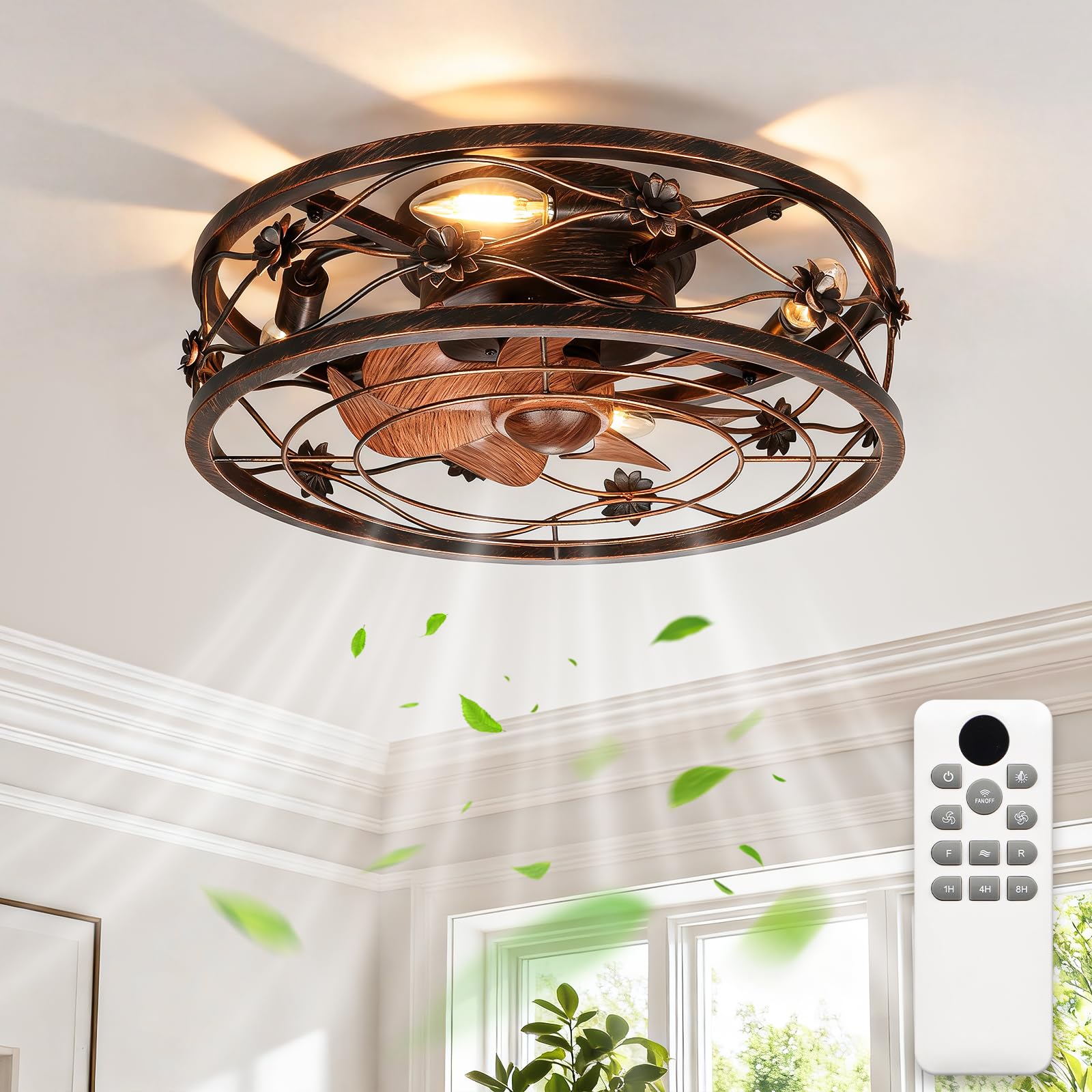 ropelux Caged Ceiling Fan with Lights, Rustic Farmhouse Low Profile Ceiling Fans Light with Remote,Super Quiet Bladeless Fandeli