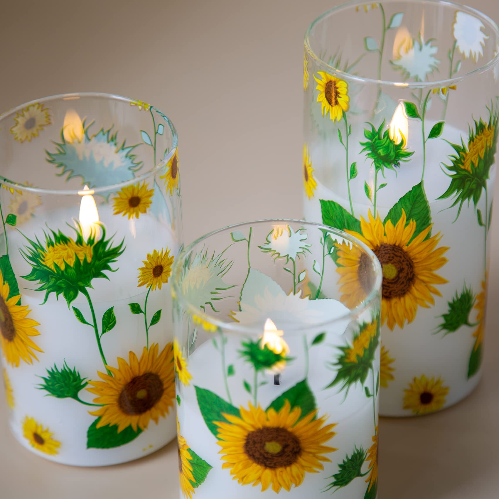 Girimax Sunflower Glass Flameless Candles With Remote, Battery Operated Flickering Led Pillar Candles Set Of 3
