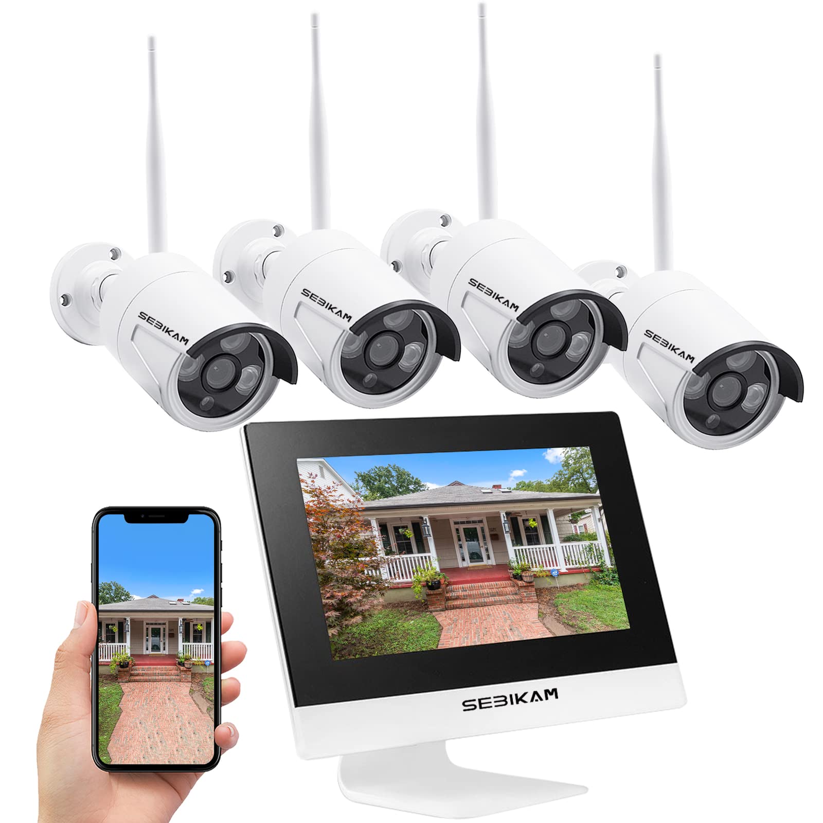 Sebikam Wireless Security Camera System With 10.1'' Monitor, 10Ch Expandable Cctv Surveillance System With Ip66 Weatherproof 4Pc