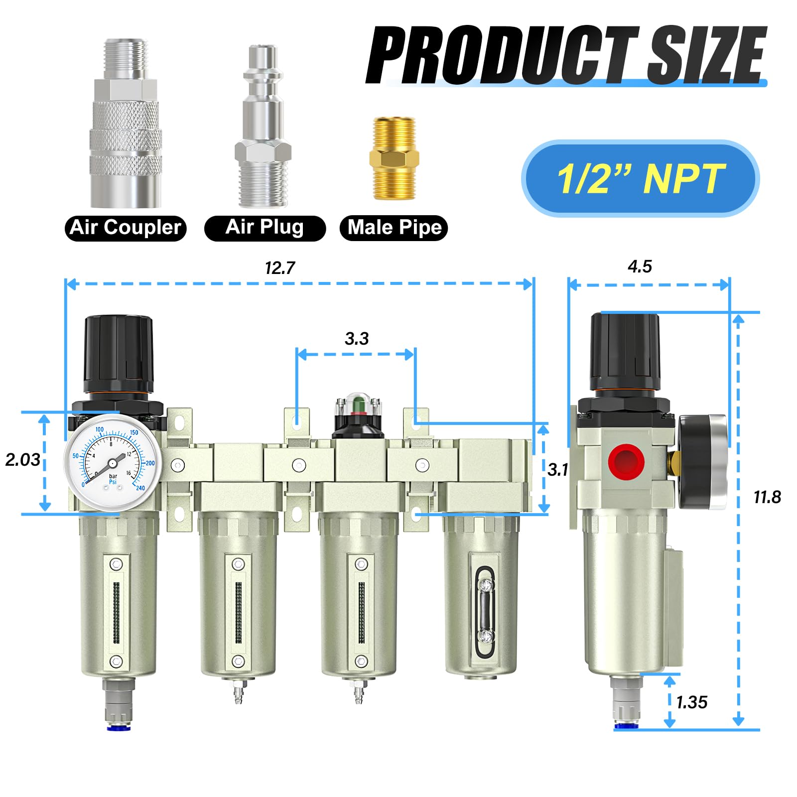 Meanlin 1/2'' Npt Heavy Duty Industrial Grade 4 Stage Air Drying System,Auto Drain,Coalescing Filter,Double Particulate Filter,D