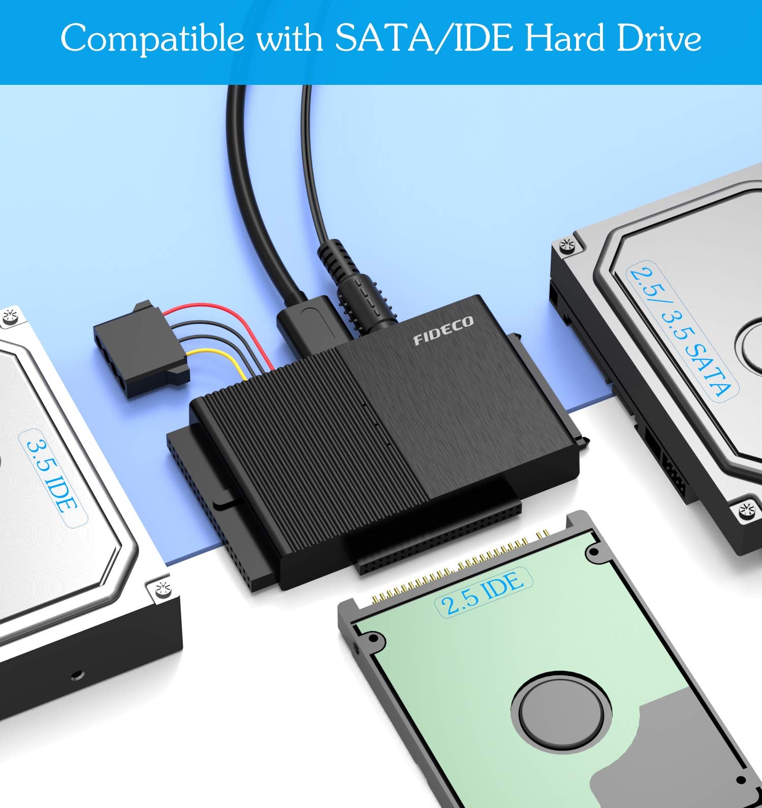 Fideco Usb 3.0 To Sata Or Ide Adapter, Hard Drive Adapter Cable Universal For 2.5/3.5 Inch Sata Hdd/Ssd & Ide Hdd With 12V/2A Po