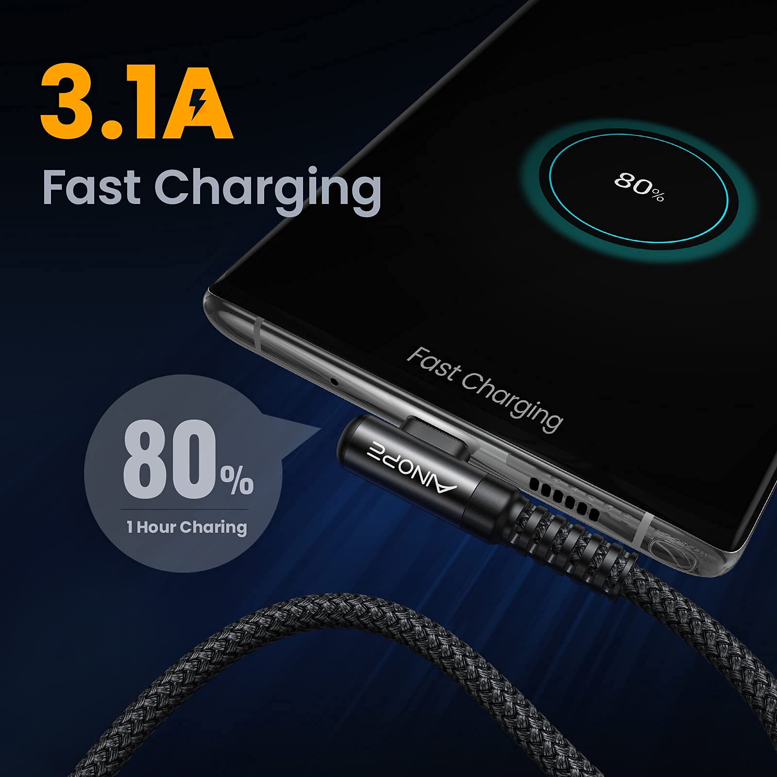 Ainope Usb C Cable Right Angle (2 Pack, 10Ft+10Ft) 3.1A Type C Charger Fast Charging, Resistant Nylon Braided Usb A To Usb C Cha