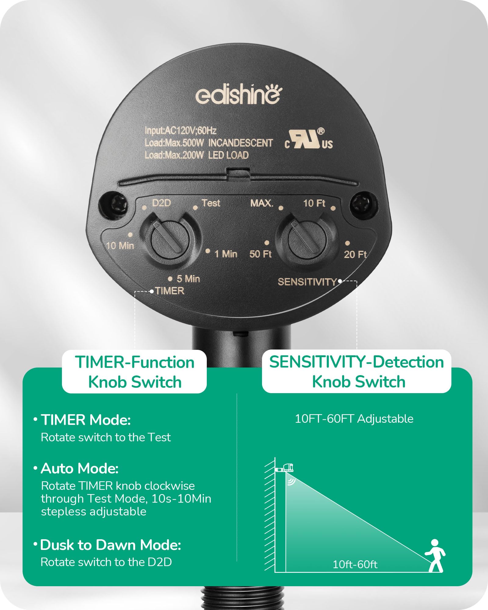 Edishine Motion Sensor, Automatic Dusk To Dawn, 180 Degree Replacement Motion Sensor, Adjustable Time & Detection Range Up To 60
