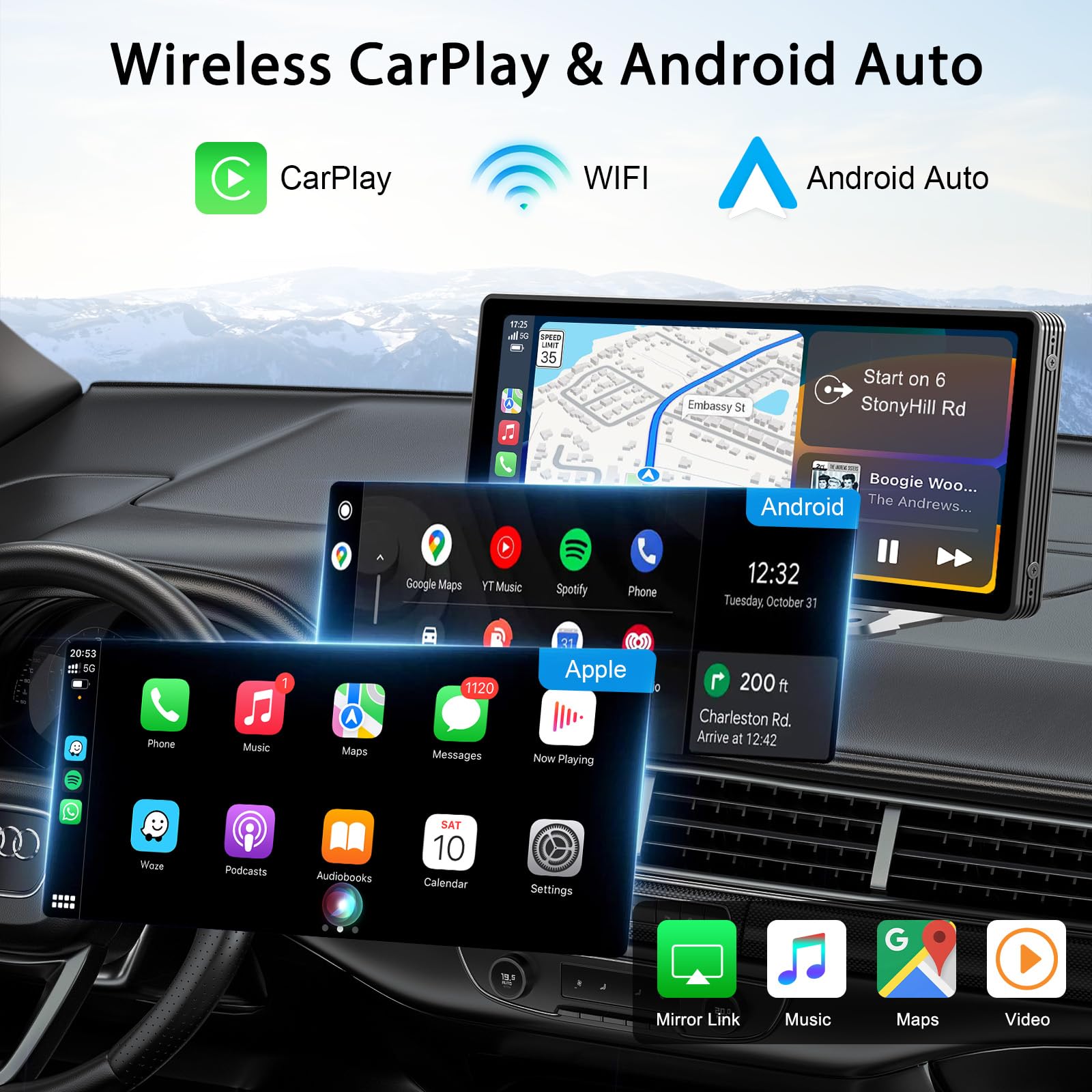 10.26'' Wireless Carplay Screen For Car,Wireless Apple Carplay & Android Auto,Portable Car Stereo With Gps Navigation,Backup Cam