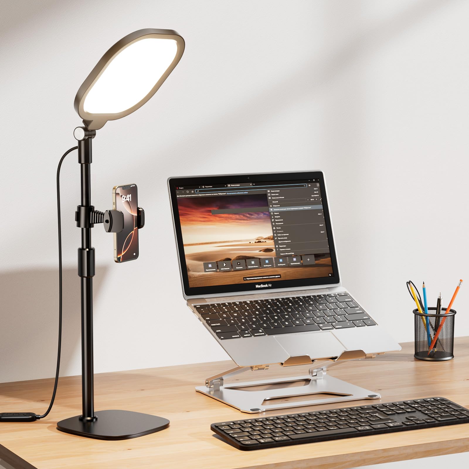 Desk Ring Light With Stand And Phone Holder, 3000K 6500K Dimmable Computer Ringlight For Laptop, Video Conference Light For Zoom