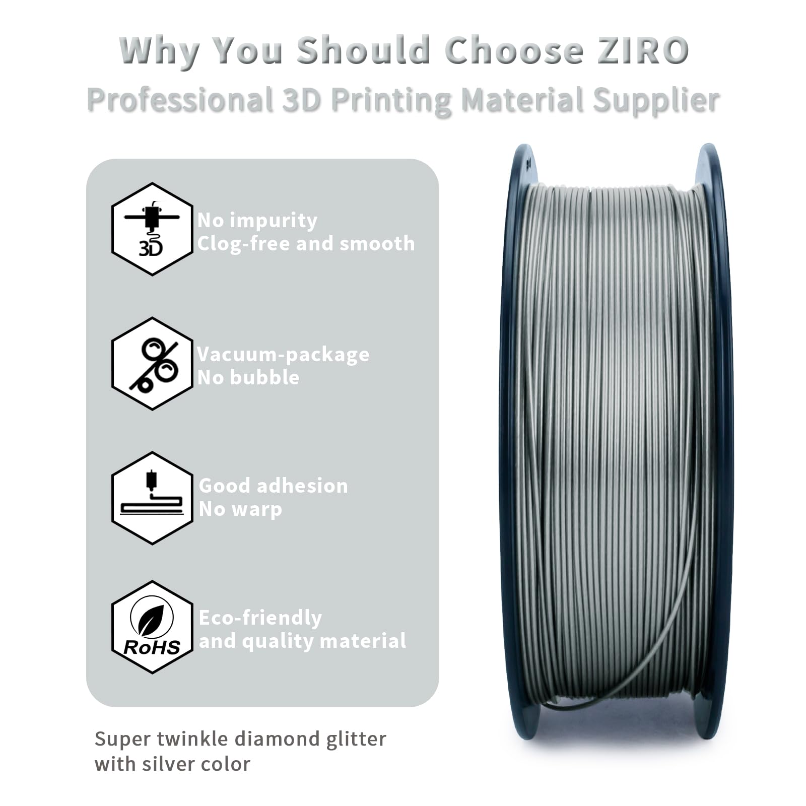 Ziro Shiny Sparkle Pla Filament With Glitter, Shining 3D Printer Pla Filament 1.75Mm, Diamond Series 1.75 1Kg/2.2Lbs Spool, Neat