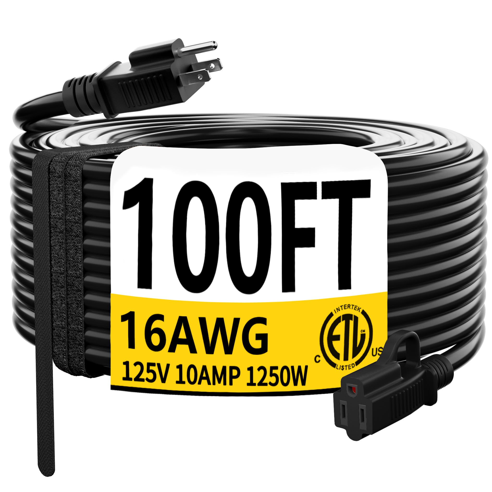 Huanchain Black Outdoor Extension Cord 100 Ft Waterproof, Flexible 16/3 Gauge Heavy Duty Power Cord Extension 3 Prong 10A 1250W