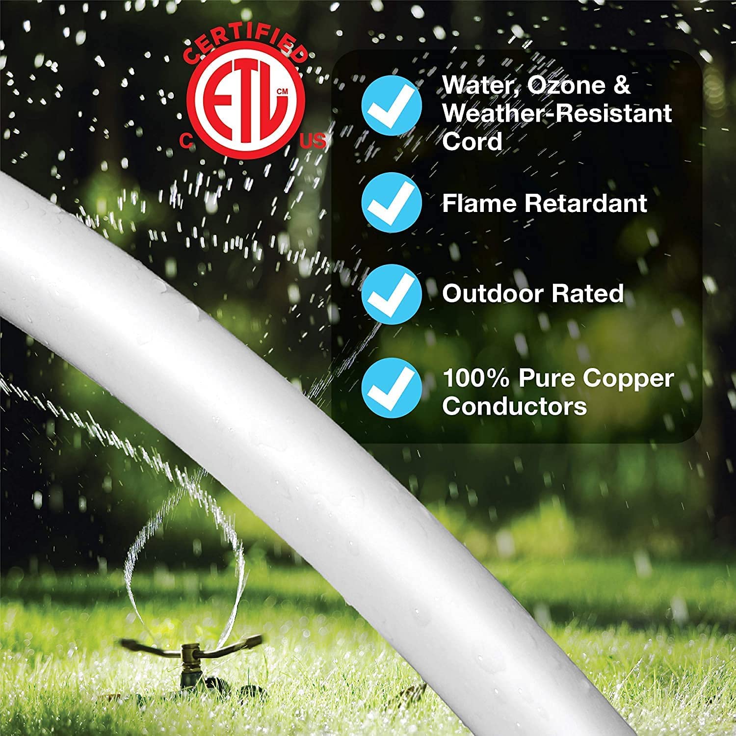 Clear Power 9Ft Outdoor Extension Cord, 3 Prong, 16 Gauge General Purpose Power Cord, Grounded Plug, White, Flame Retardant, Wat