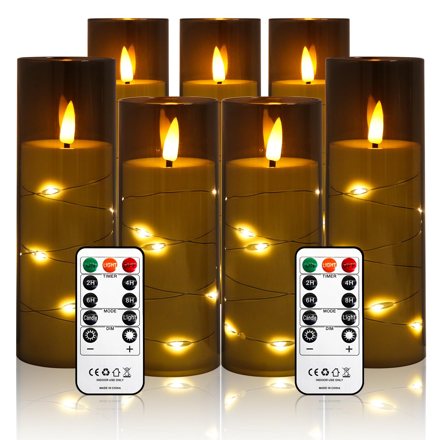Flameless Candles Flickering LED Lights 7 PCS Battery Operated Candles with Remote & Timer, with Embedded Star String Lights for