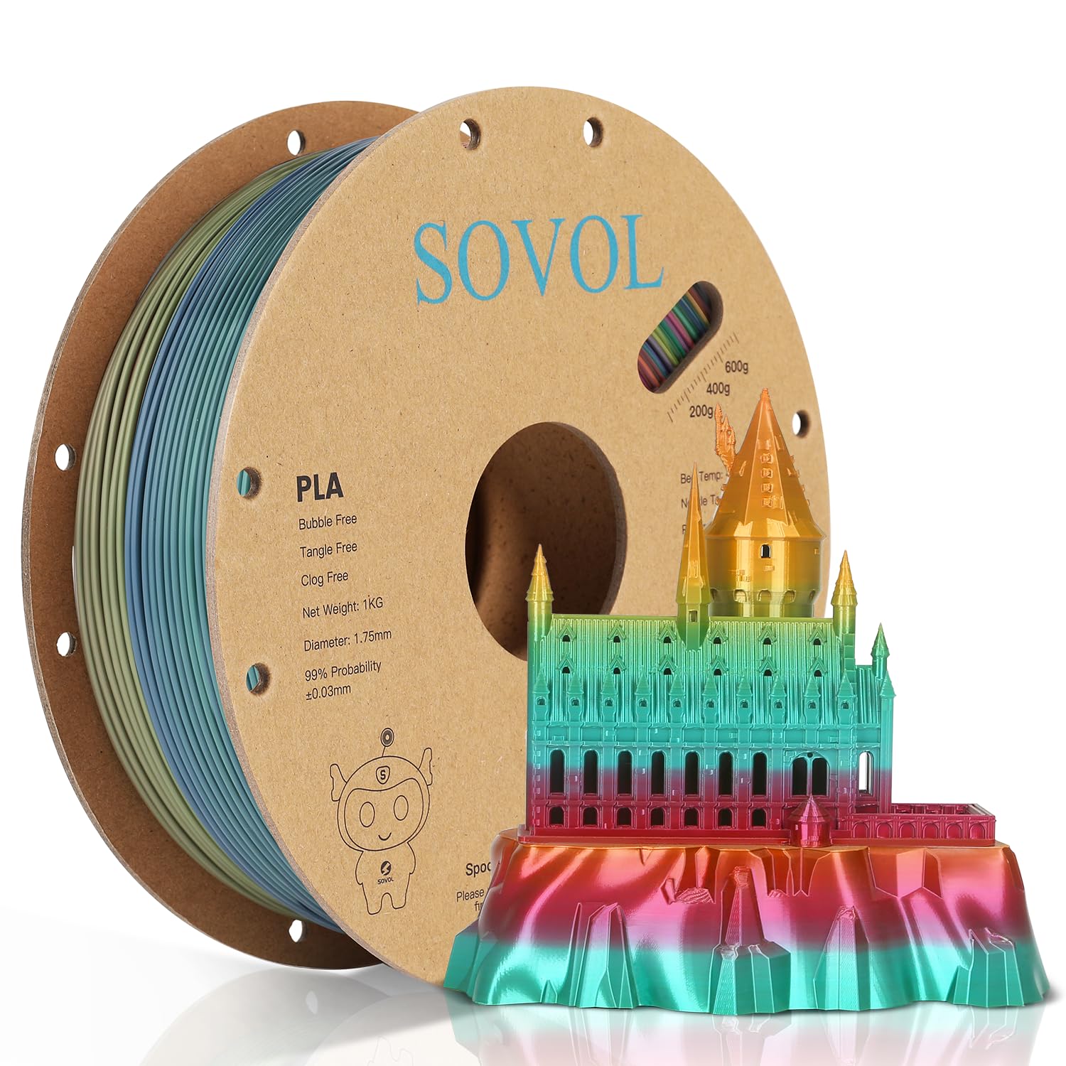 Sovol 3D Printer Silk Shiny Multicolored Fast Change Rainbow Pla 1 Kg (2.2 Lbs) Spool 3D Printing Materials, Wiring Tightness, D