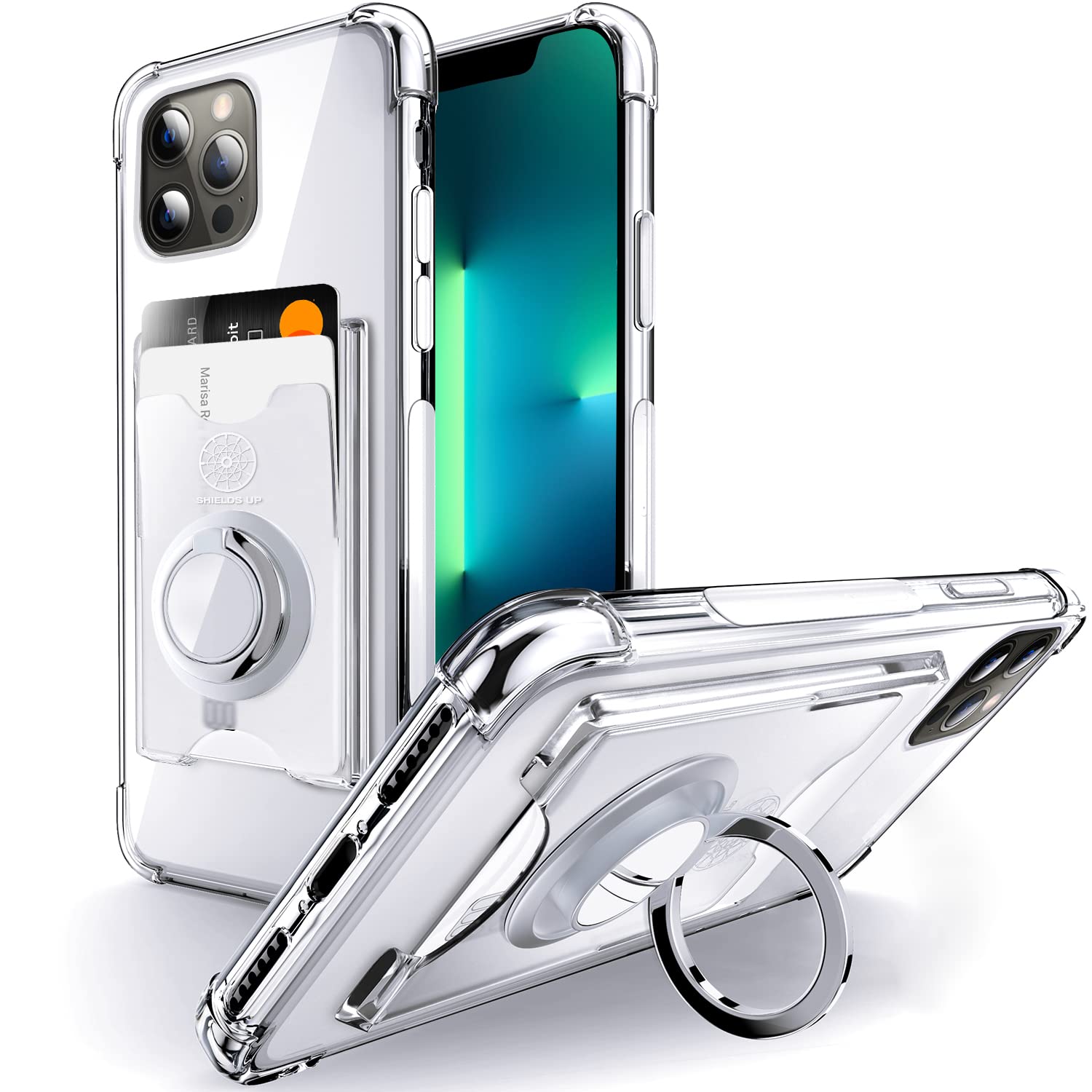 Shields Up Designed for iPhone 13 Pro Max Case, Minimalist Wallet Case with Card Holder and Ring Kickstand/Stand, [Drop Protecti