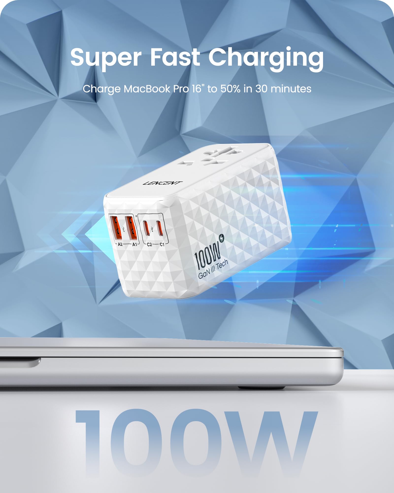 Lencent 100W International Travel Adapter, Universal Travel Adapter With 2 Qc Usb A & 2 Pd3.0 Type C Power Adapter, Fast Chargin