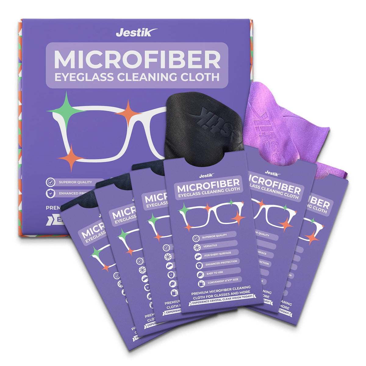 Jestik Microfiber Cleaning Cloth - Japanese Lens Wipes for Eyeglasses, Camera Lenses, Screens & More - Versatile Glasses Cleaner Cloths, Lint-Free, Washable (Black/Purple - Pack of 6)