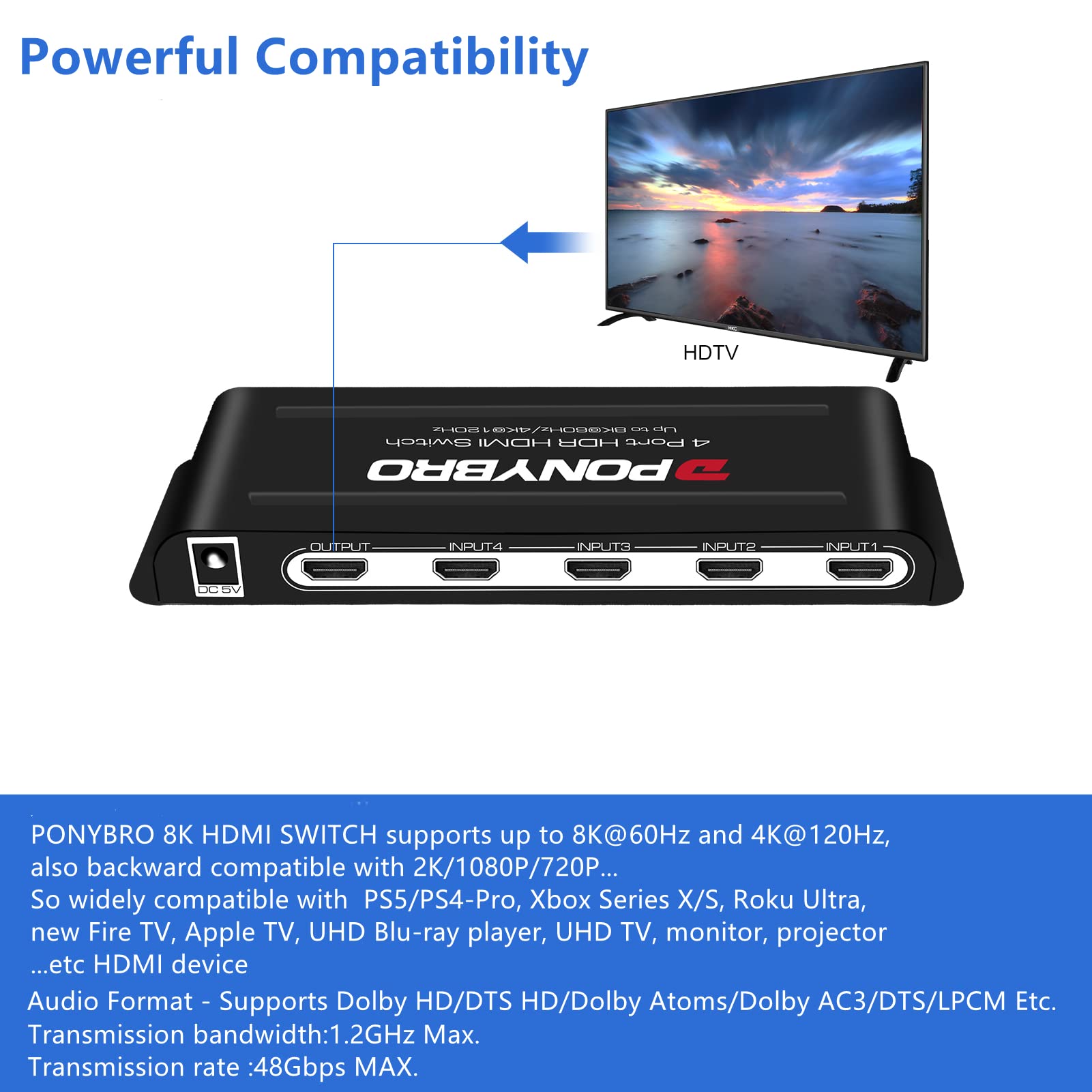 (Newest Version) Ponybro 8K Hdmi 2.1 Switch 4 In 1 With Remote, Support 8K@60Hz Or 4K@120Hz,High Speed 48Gbps,Hdr/Dolby Vision,H