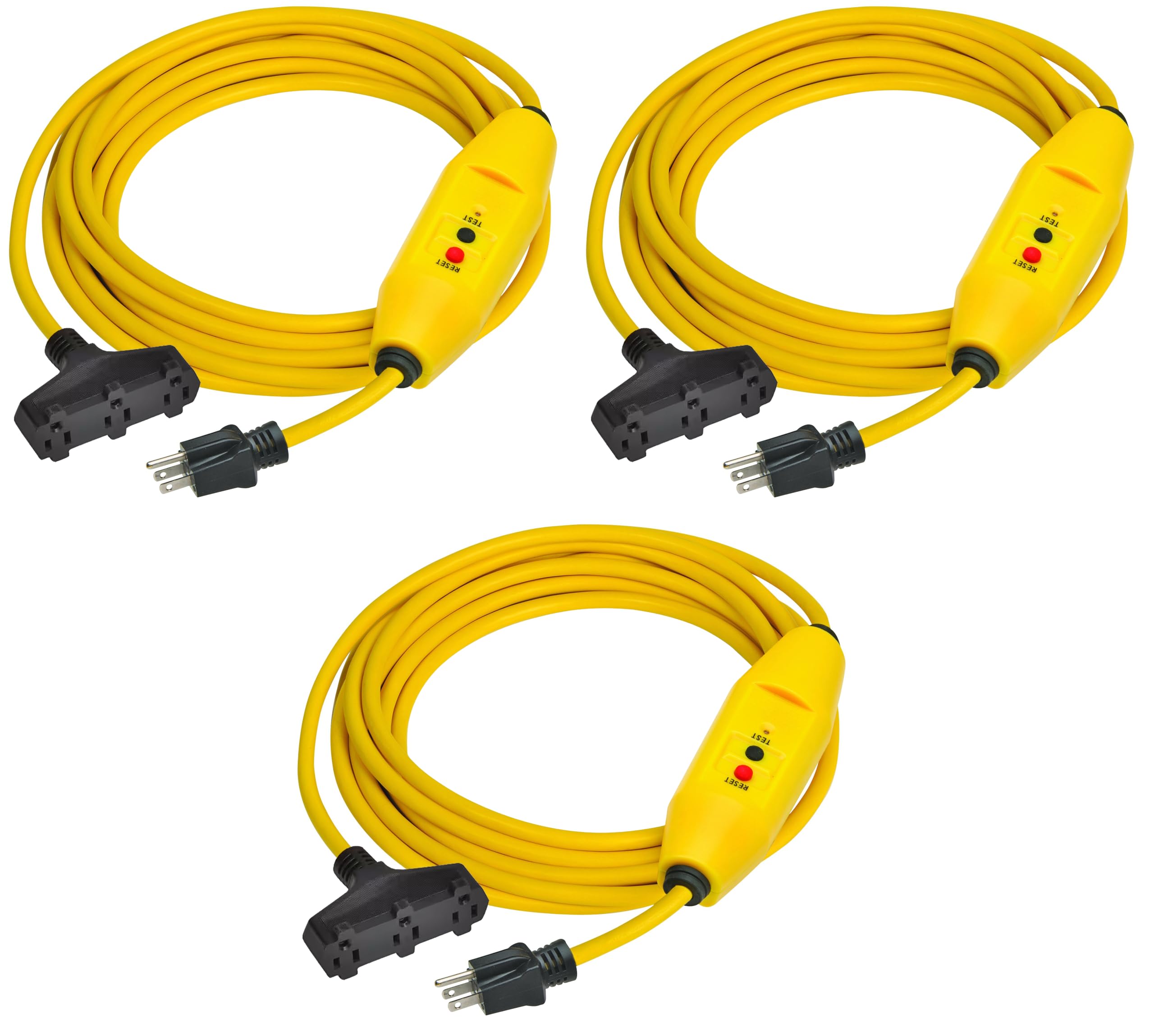 Electriduct GFCI Power Extension Cord 3 Outlets UL Outdoor Waterproof 15 Amp 12 Gauge Auto Reset GFI Adapter - 25FT Cord (3 Pack