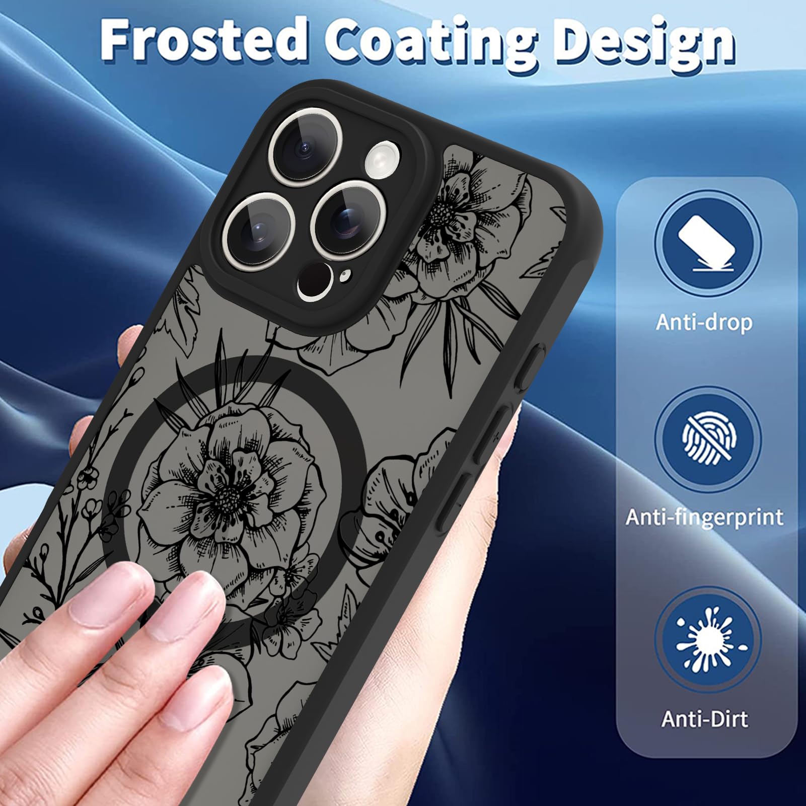 Ook Magnetic For Iphone 16 Pro Max Case [Compatible With Magsafe] Black Peony Flower Slim Translucent Matte Case For Iphone 16 P