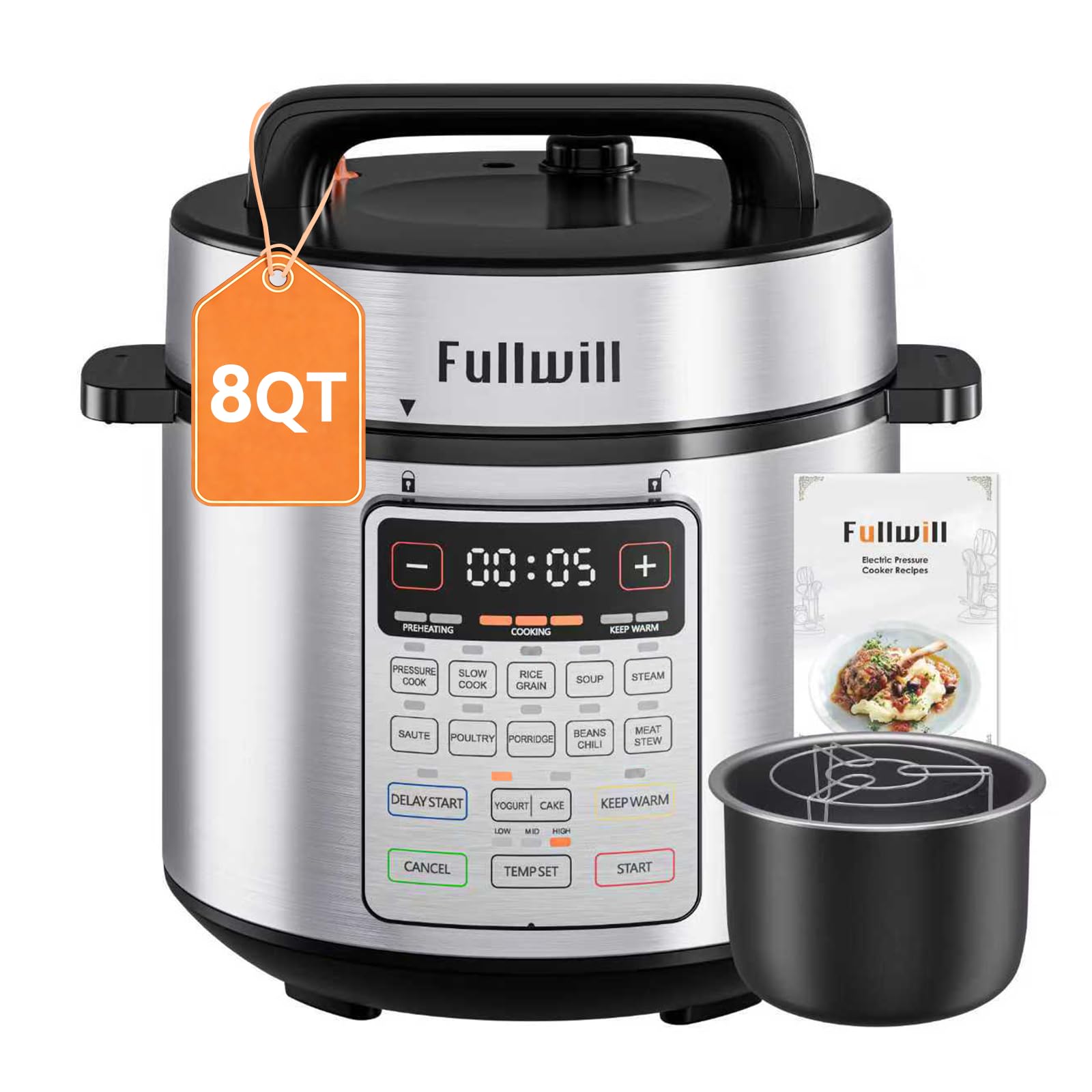 Fullwill 8QT Electric Pressure Cooker Max, 1200W Fast Cooking, 12-in-1 Multi-Use Programmable with Ceramic Non Stick Pot for Sau