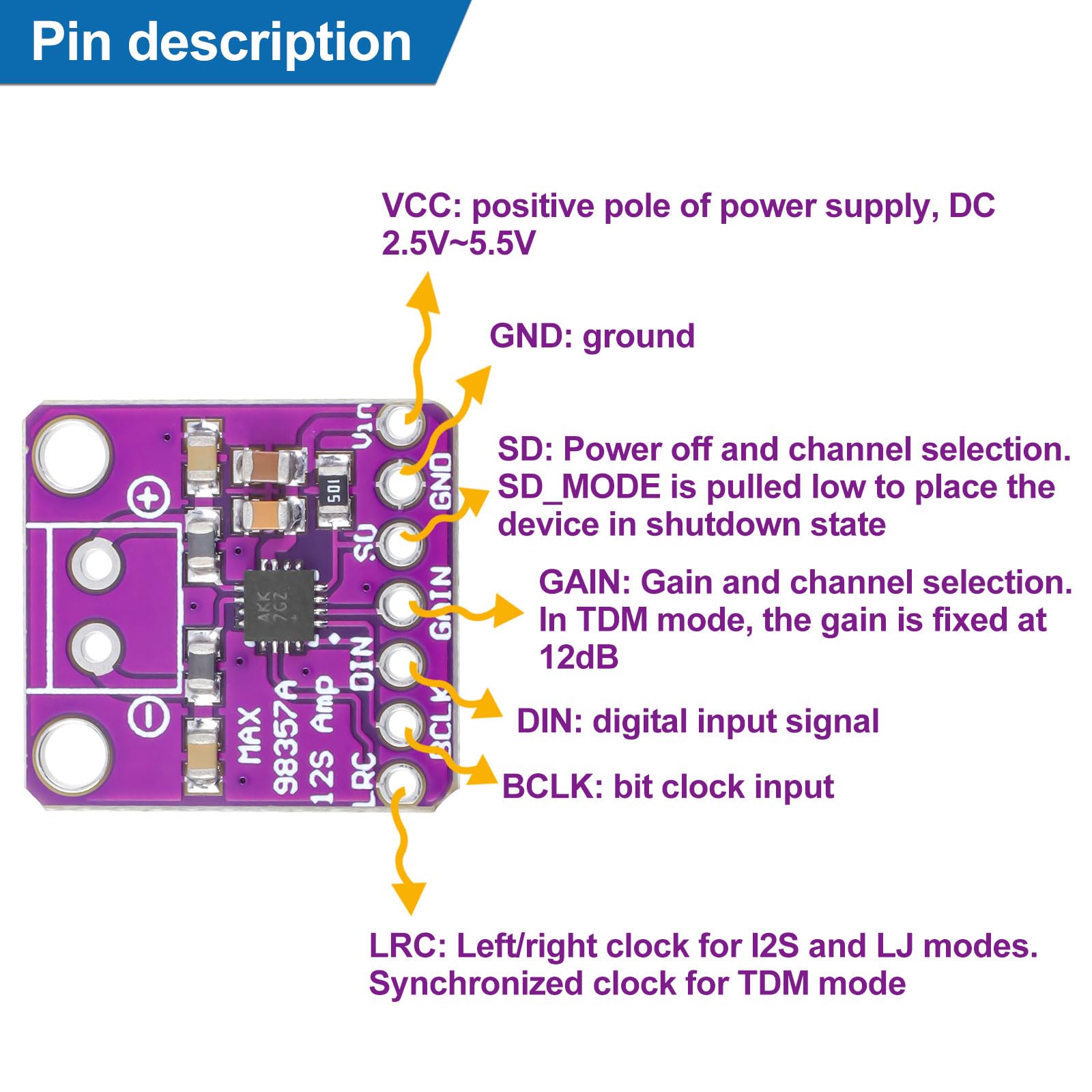 5Pcs Max98357 Audio Power Amplifier Module I2S Dac Class D Audio Board With Du Pont Wire For Raspberry Pi Arduino Esp32
