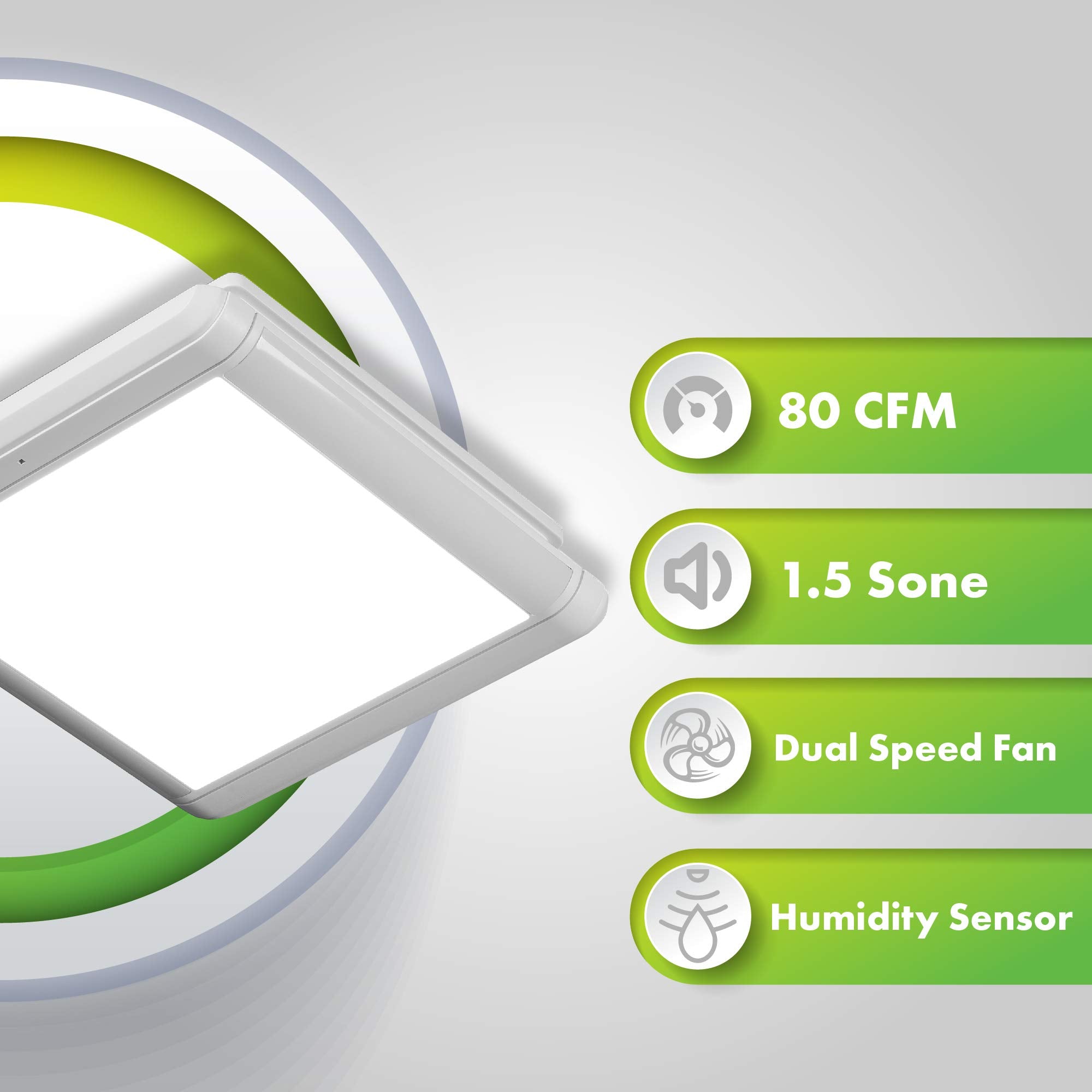 Homewerks Dual Speed Bathroom Exhaust Fan, 80-110 CFM, Integrated LED & Humidity Sensor, Smart Moisture White, Model 7145-80V-HS