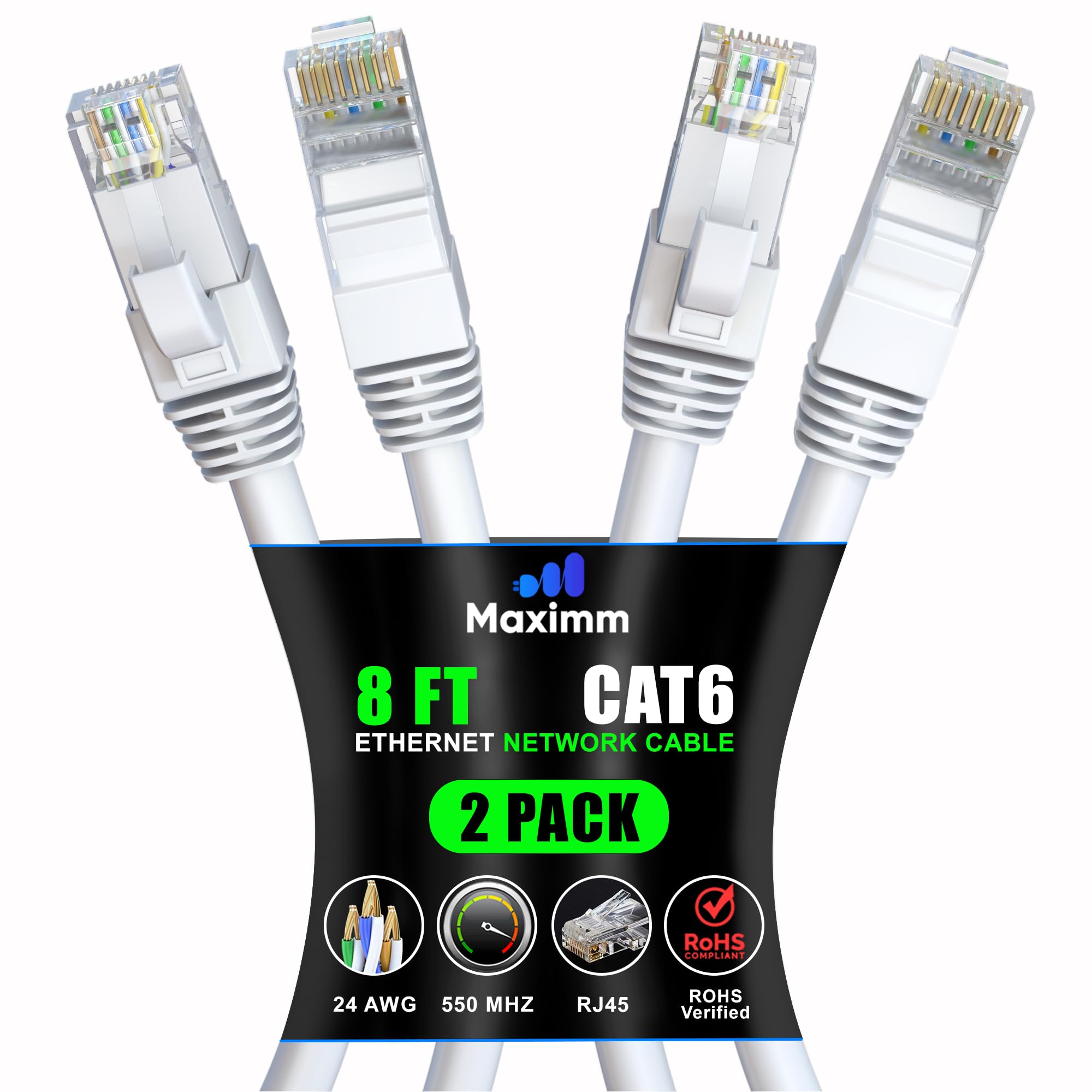 Maximm Cat 6 Ethernet Cable 8 Ft (2 Pack)   High Speed Lan Cable, Internet Cable, Patch Cable, And Network Cable   Utp, 10Gbps, 550Mhz Ethernet Cord   White