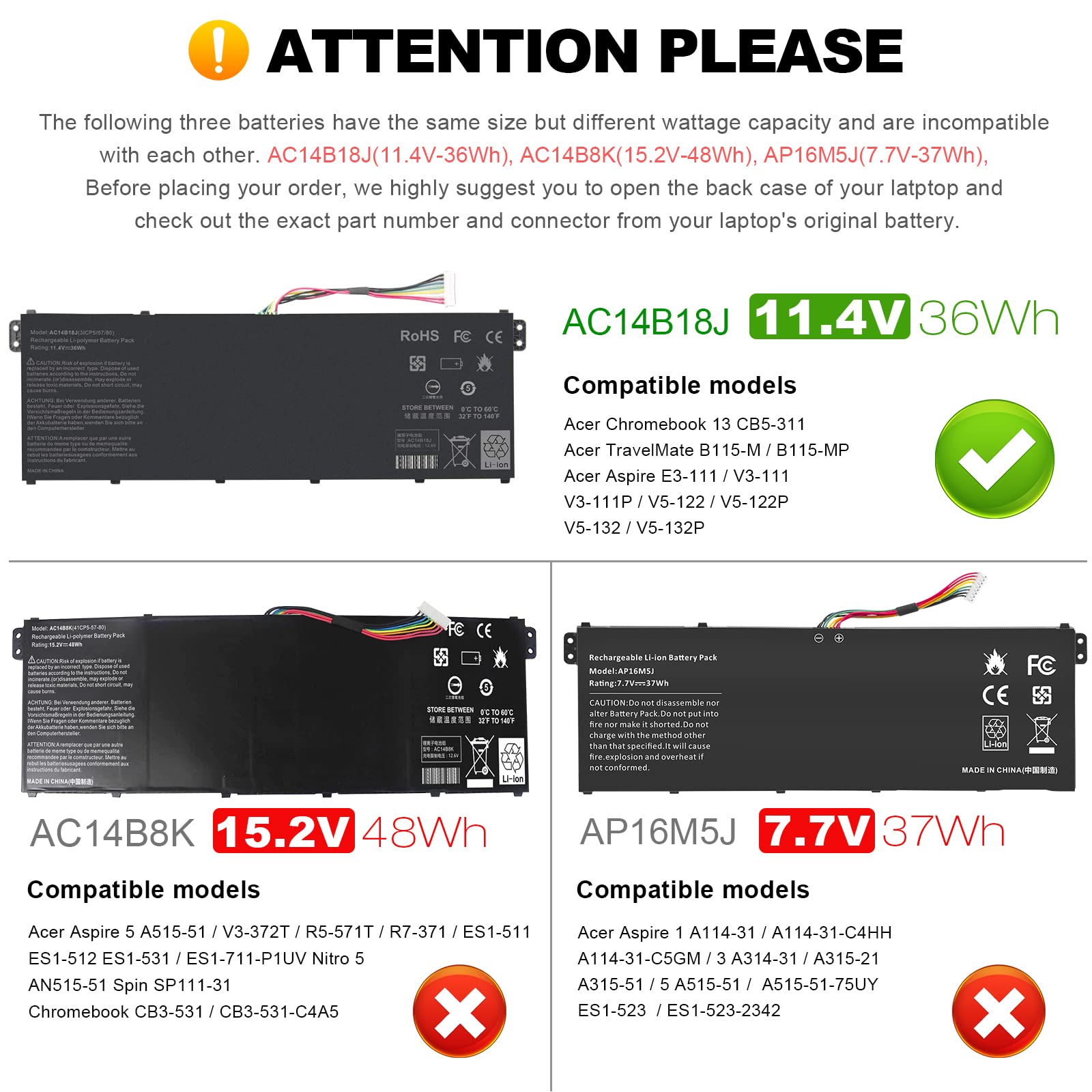Asuncell 36Wh Ac14B18J Battery For Acer Aspire Es 15 Es1 571 Es1 331 Chromebook 11 Cb3 111 13 Cb5 311 15 Cb3 531 Ac14B13J Ac14B1