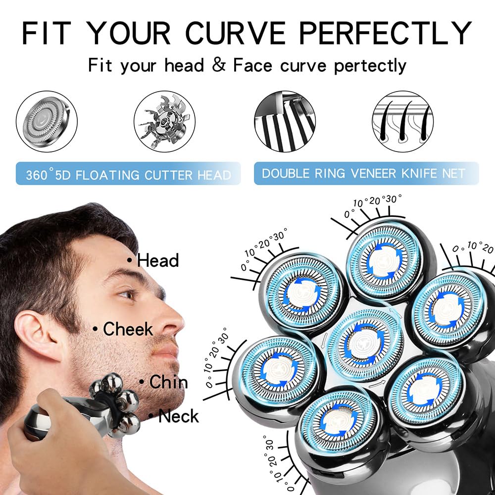 Electric 7D Head Shaver For Bald Men, 5 In 1 Rotary Shavers Grooming Kit With Nose Hair Trimmer, Hair Trimmer, Wet Dry Waterproo