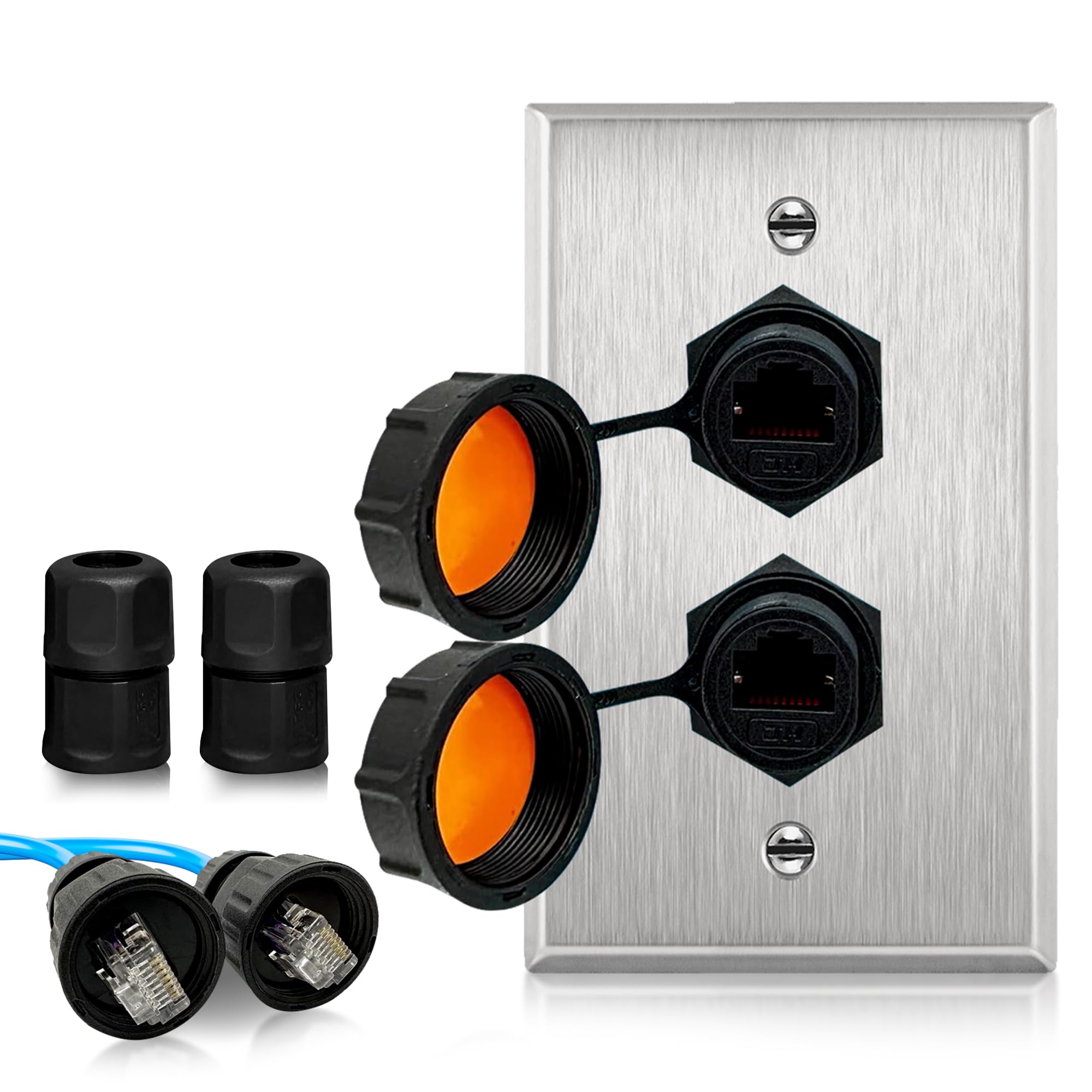 Ets Stainless Steel Dual Gang Wall Plate W/Double Ip68 Outdoor Rj45 Cat6 Jack Pass Through Jack Coupler Connection Type, Connect