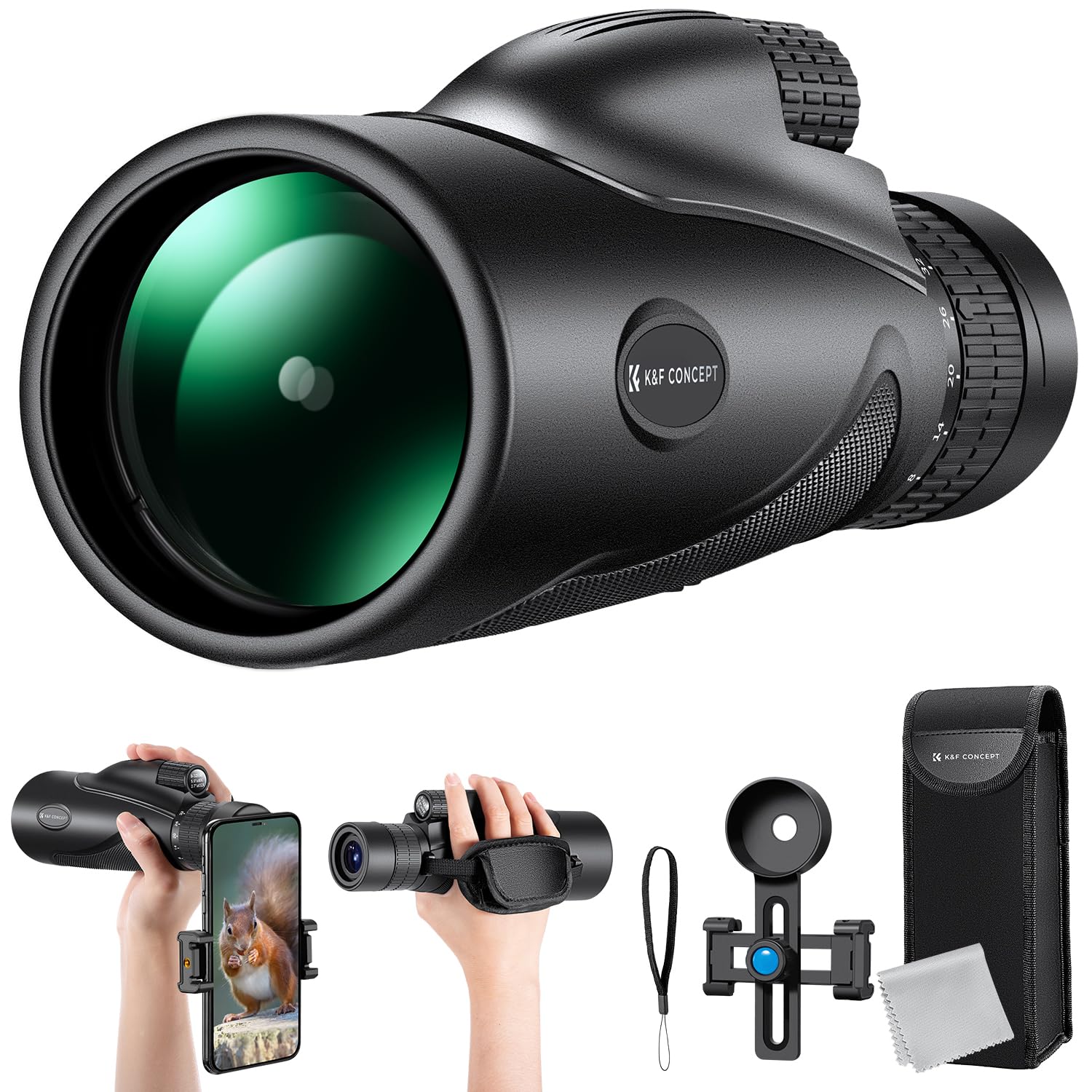 K&F Concept 8 32X50 Zoom Monocular   High Power Dual Focus Prism Compact Monoculars For Kids Adults, With Phone Adapter, Low Lig