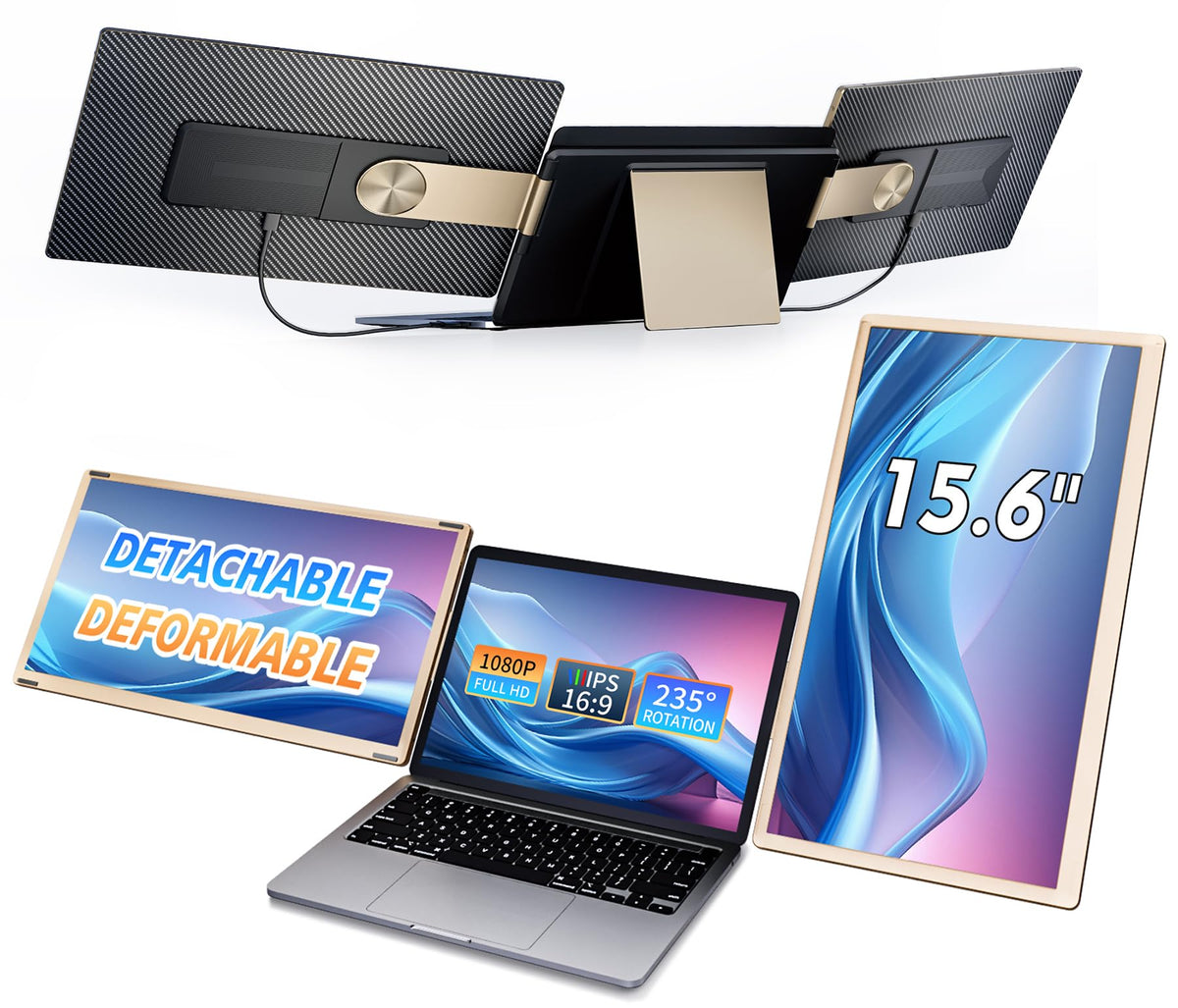 Livelect 15.6'' Triple Laptop Screen Extender, Fhd 1080P Ips Laptop Monitor Extender, Detachable Screen Travel Monitor Laptops W