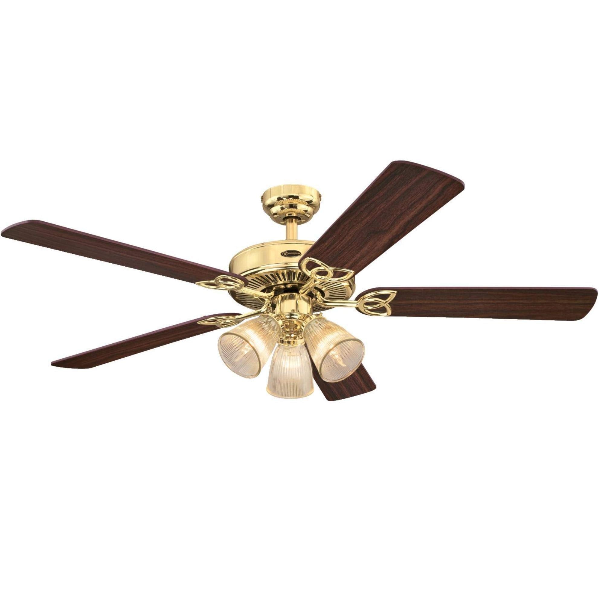 Westinghouse 7233800 Vintage Indoor Ceiling Fan With Light, 52 Inch, Polished Brass