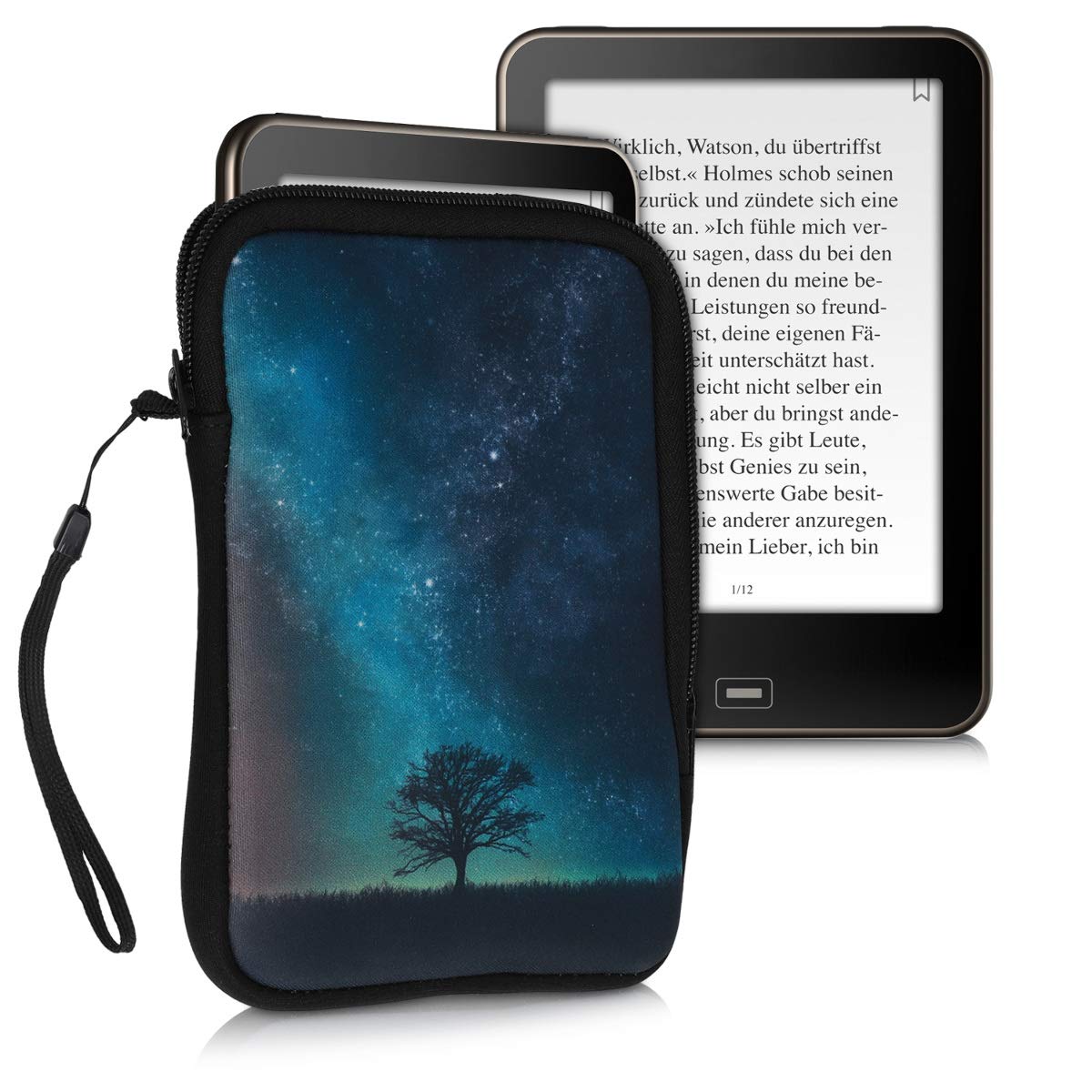 Kwmobile Neoprene E-Reader Pouch Size 6 Ereader - Universal Ebook Sleeve Case With Zipper, Wrist Strap - Blue/Grey/Black