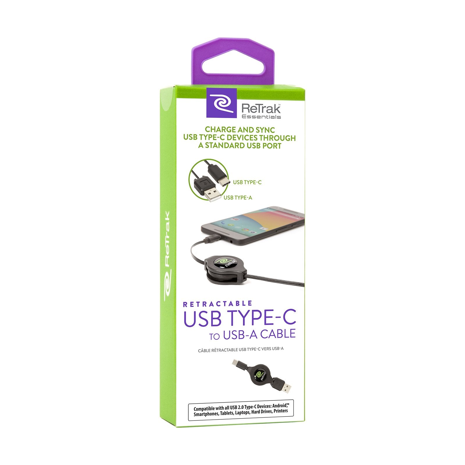 Retrak Retractable Charge And Sync Usb Type-C To Standard Usb For All New Type-C Devices, Black, Etesucam, 6.90 X 2.40 X 0.90