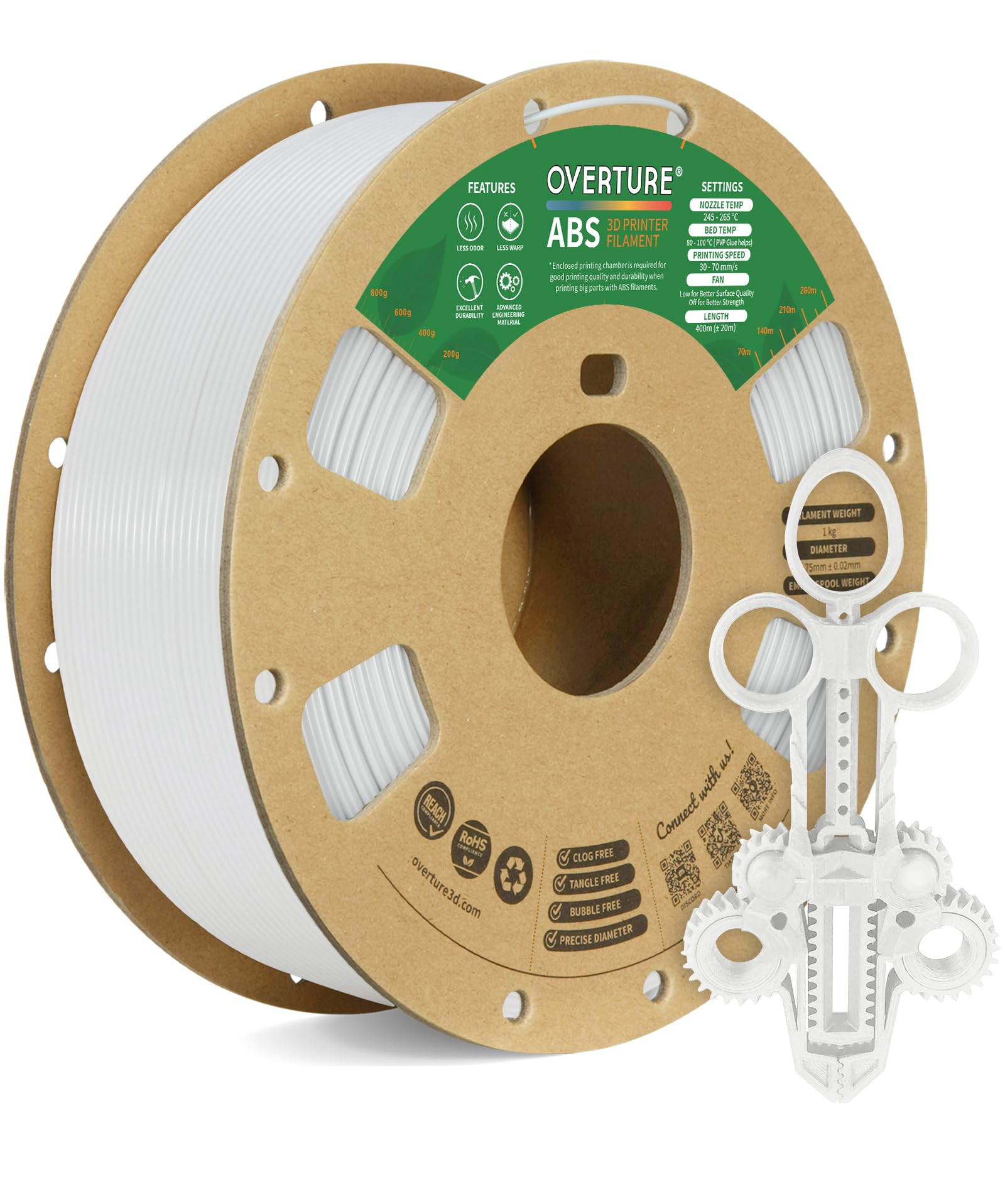 Overture Abs Filament 1.75Mm, Abs 1Kg Spool (2.2Lbs),3D Printer Filament,Dimensional Accuracy +/  0.03Mm, Fit Most Fdm Printer(W