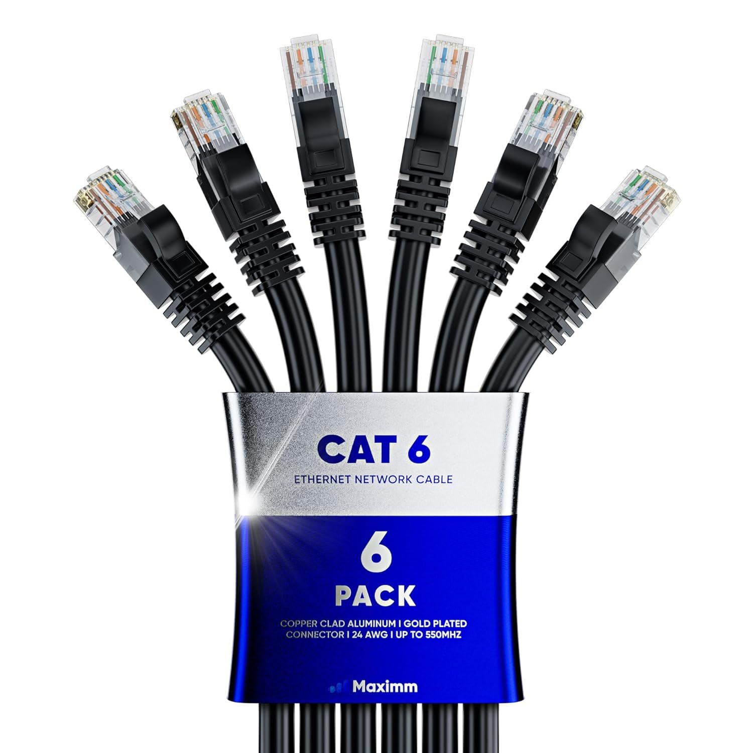Maximm Cat 6 Ethernet Cable 7 ft (6-Pack) - High-Speed LAN Cable, Internet Cable, Patch Cable, and Network Cable - UTP, 10Gbps, 