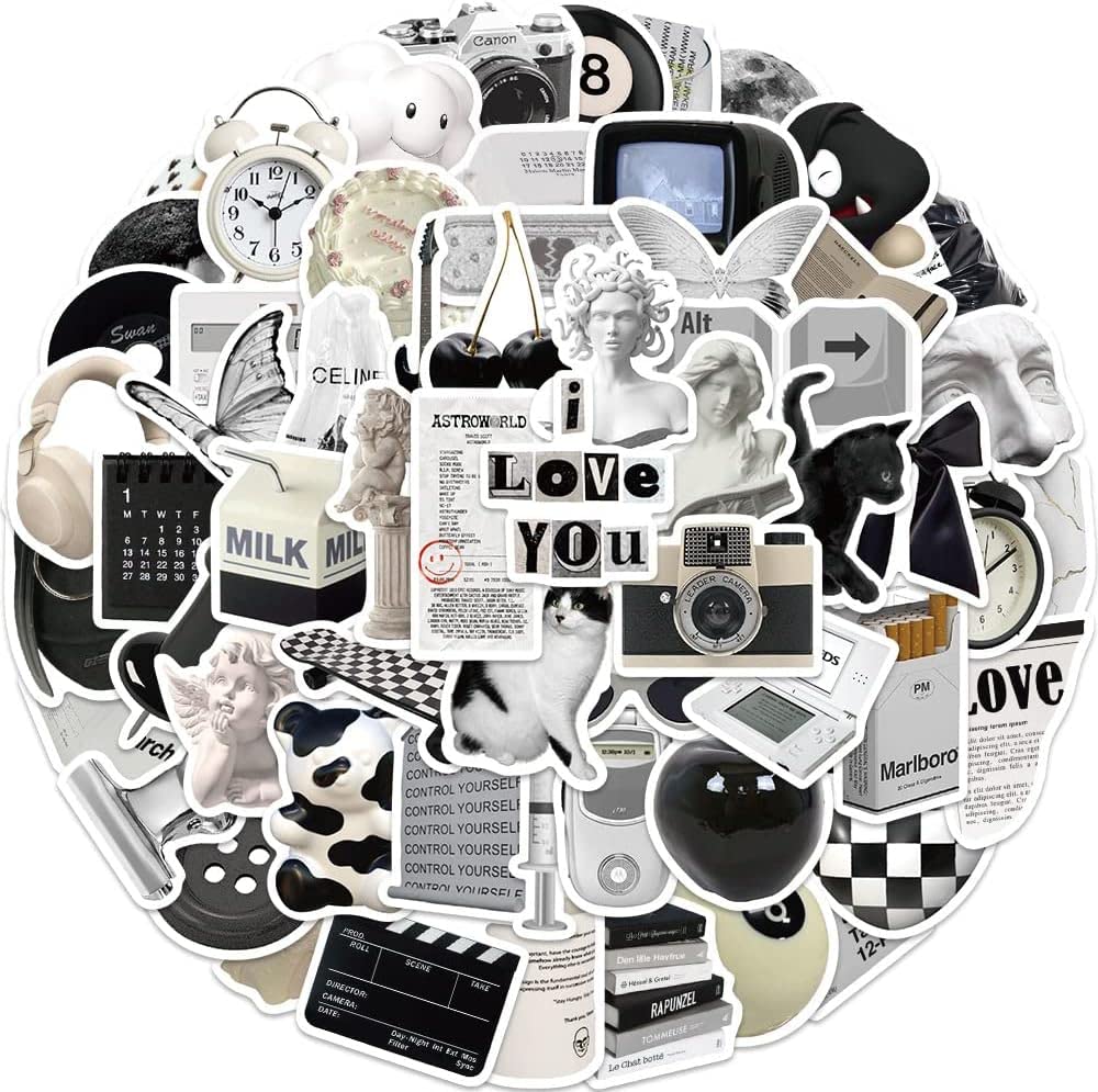 Titu Ki Baatein Black & White Vintage Stickers, 50 Pcs, 20 Mm Vinyl