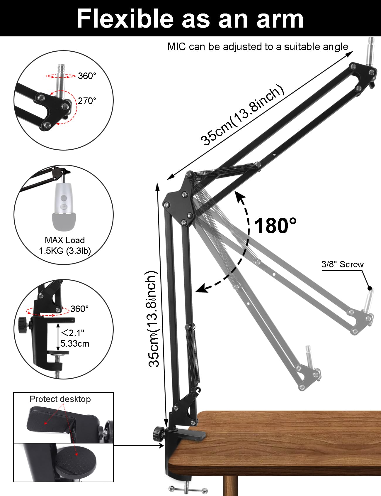 Boom Arm Mic Stand For Blue Yeti, Yeti Nano, Hyperx Quadcast, Snowball And Other Microphone, Adjustable Suspension Boom Arm Desk