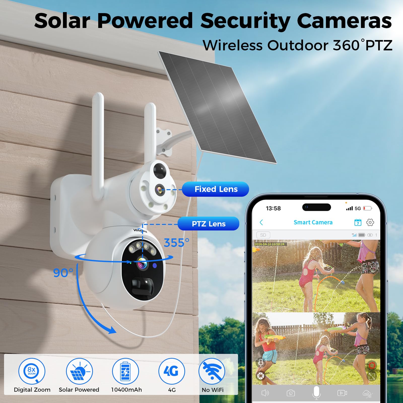 Hiseeu No Wifi Security Cameras Wireless Outdoor, Dual Lens 4G Cellular Security Camera Solar Powered Work Without Wifi, 360Ptz,