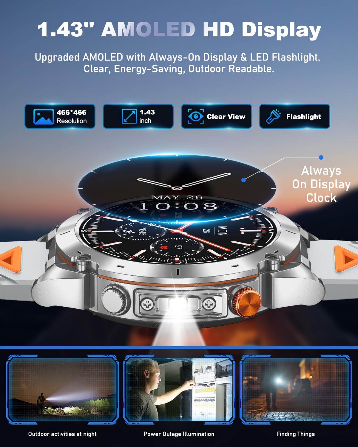 Podoeil Gps Military Smart Watch For Men With Bluetooth Call, 1.43 Amoled Waterproof Smart Watch With Flashlight, 170 Sport Mode