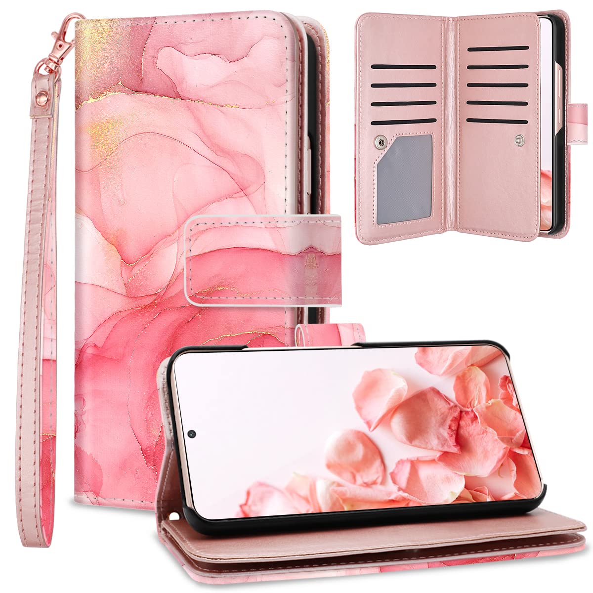 Fingic For Samsung Galaxy S22 Plus Case Wallet, Rose Gold Marble 9 Card Holder Pu Leather Detachable Wrist Strap Wallet Case For