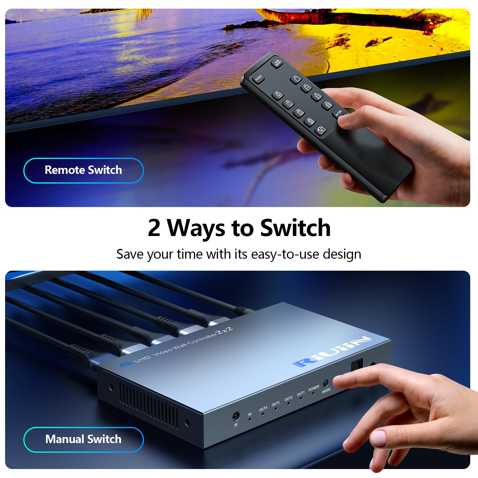 Riuiin Video Wall Controller With 12 Modes, Hdmi Or Usb C 4K Input Tv Wall Controller, Tv Wall Processor, 180 Rotation, Audio, A