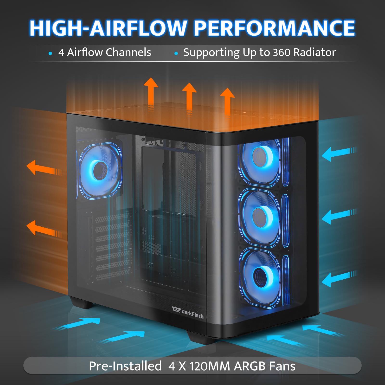 Darkflash Atx Mid Tower Gaming Pc Case, Back Plug In Btf Motherboard, With 4 Argb Fans Computer Case, Full View Curve Glass Dual