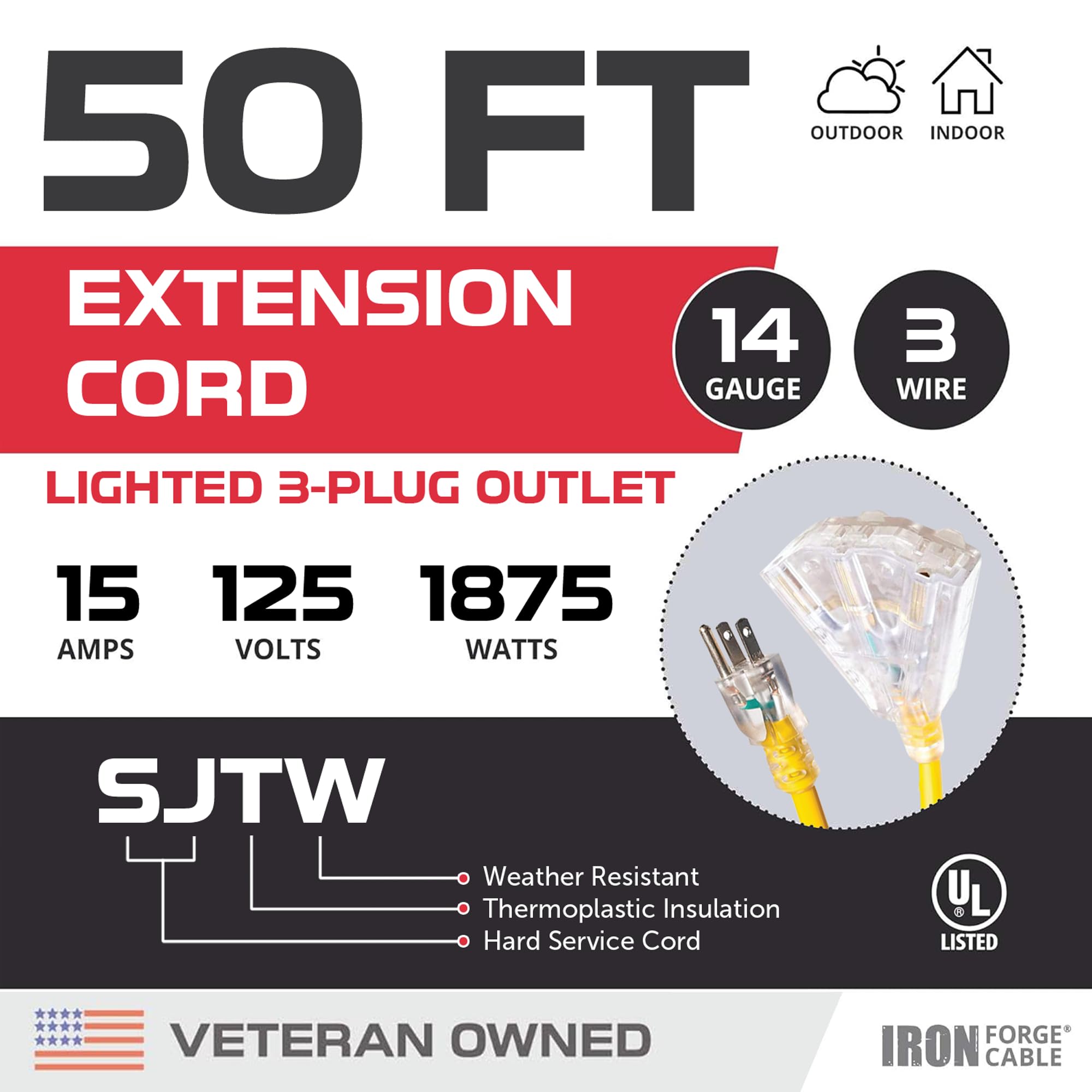 Iron Forge Cable 15 Amp Heavy Duty Extension Cord 50 Ft 3 Outlet, Sjtw 14 Gauge Extension Cord With Multiple Outlets 3 Prong, We