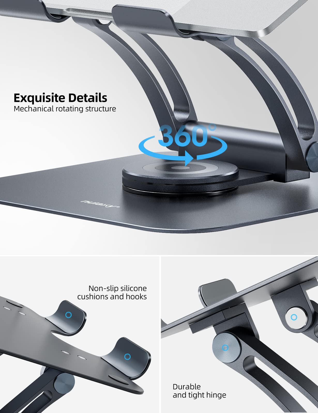 Nulaxy 360� Rotating Laptop Stand For Desk, Ergonomic Notebook Riser With Adjustable Swivel Base Foldable Computer Holder Portable Office Accessories Compatible With All 10 17' Laptops