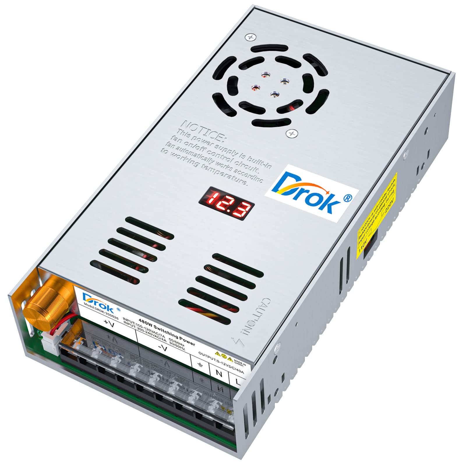 Drok 12V Power Supply, Ac 110V 220V To Dc 0 12V 40A 480W Buck Converter, Adjustable Variable Led Adapter Regulated 5V 6V 9V 12Vo